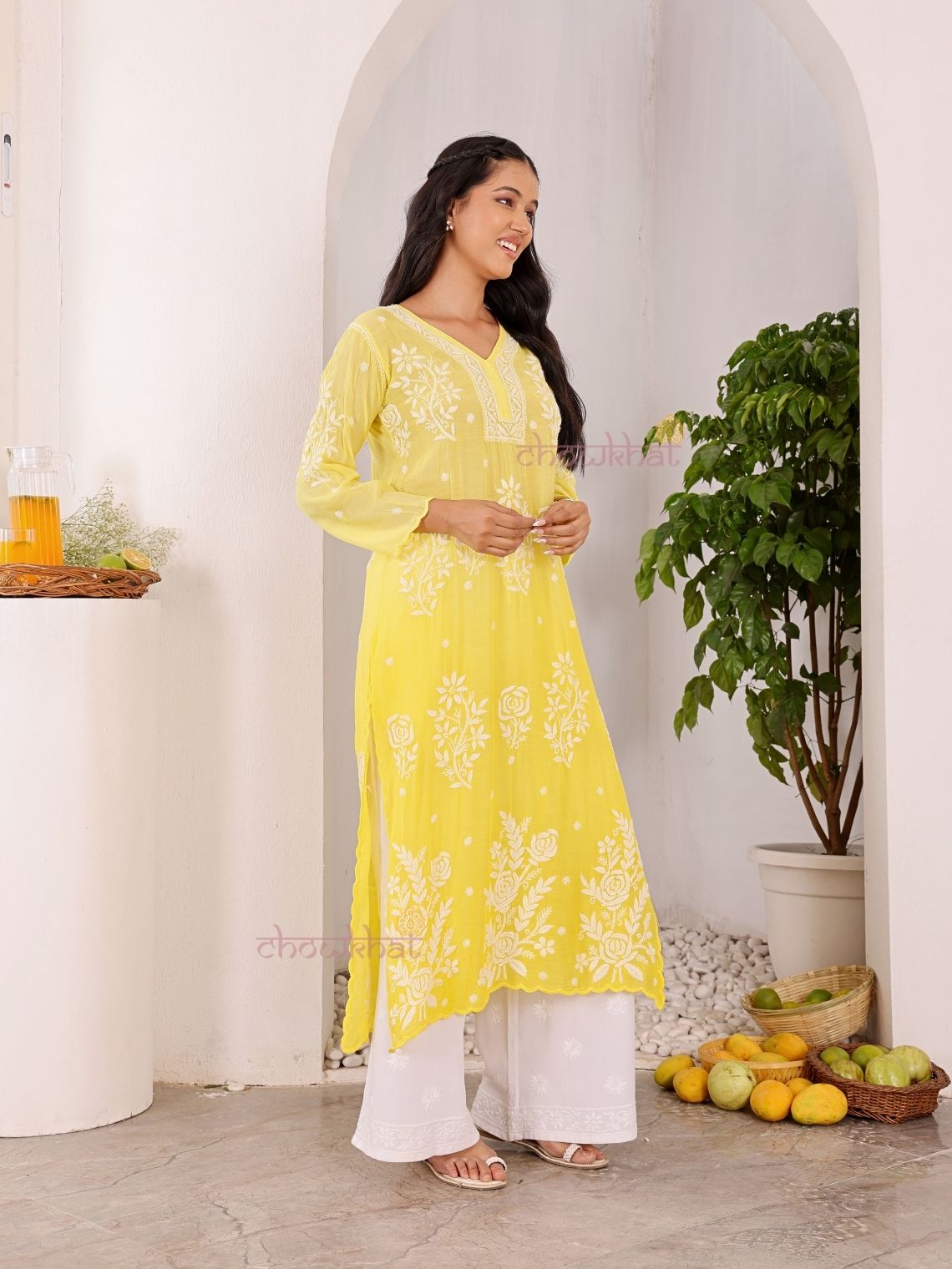 Rooh Premium Muslin Long Chikankati Scalloped Kurti - Chowkhat Lifestyle