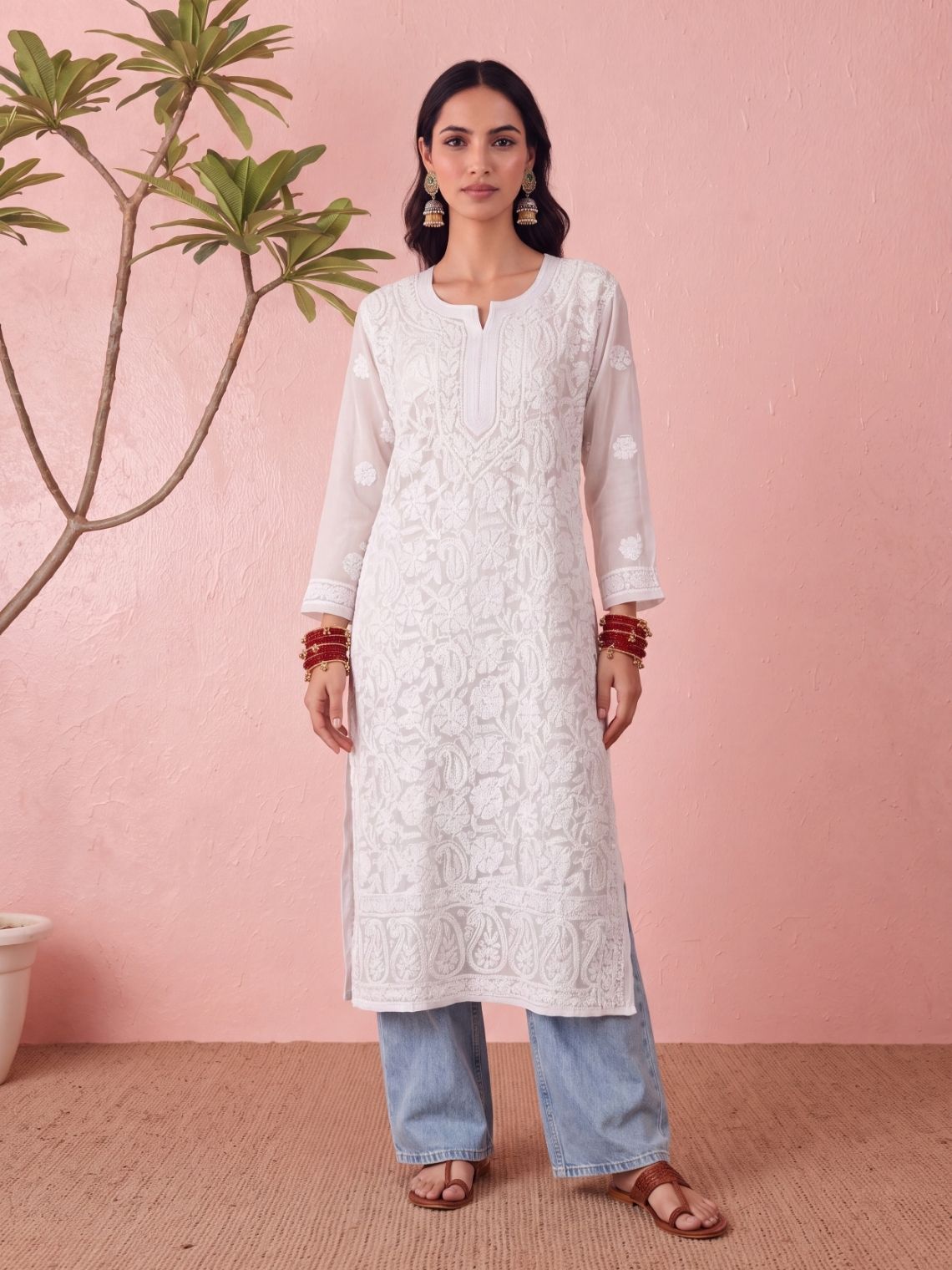 Rubina Georgette Straight Long Chikankari Kurti - Chowkhat Lifestyle