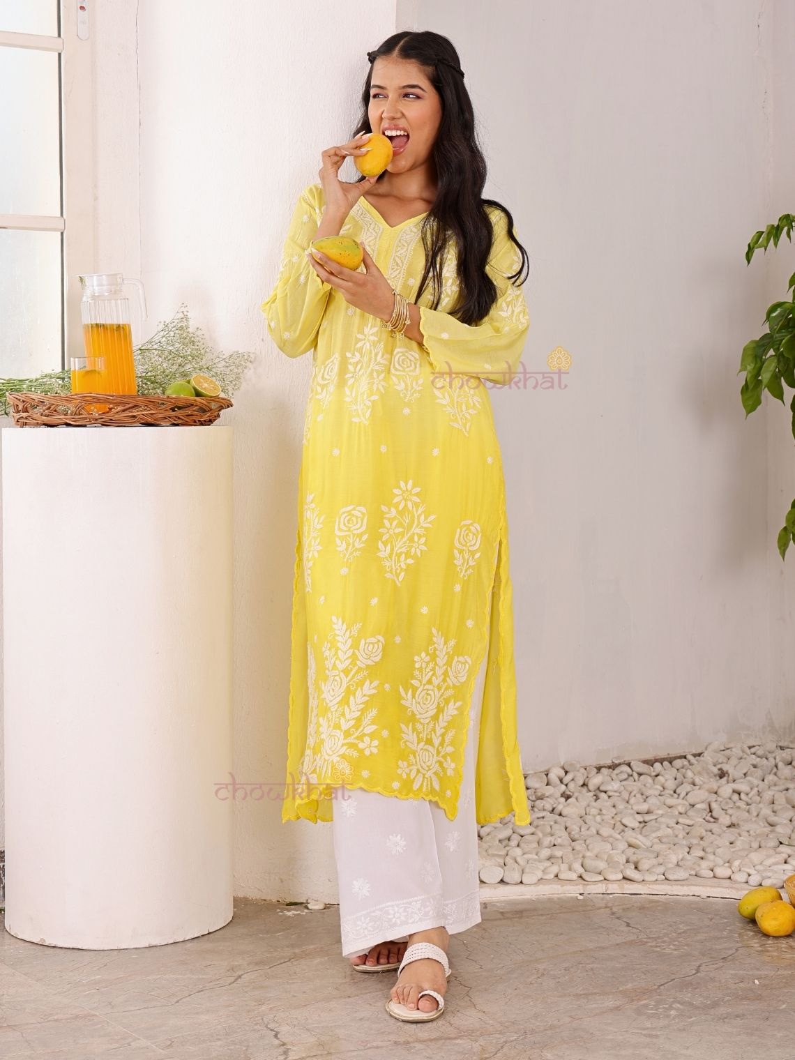 Rooh Premium Muslin Long Chikankati Scalloped Kurti - Chowkhat Lifestyle