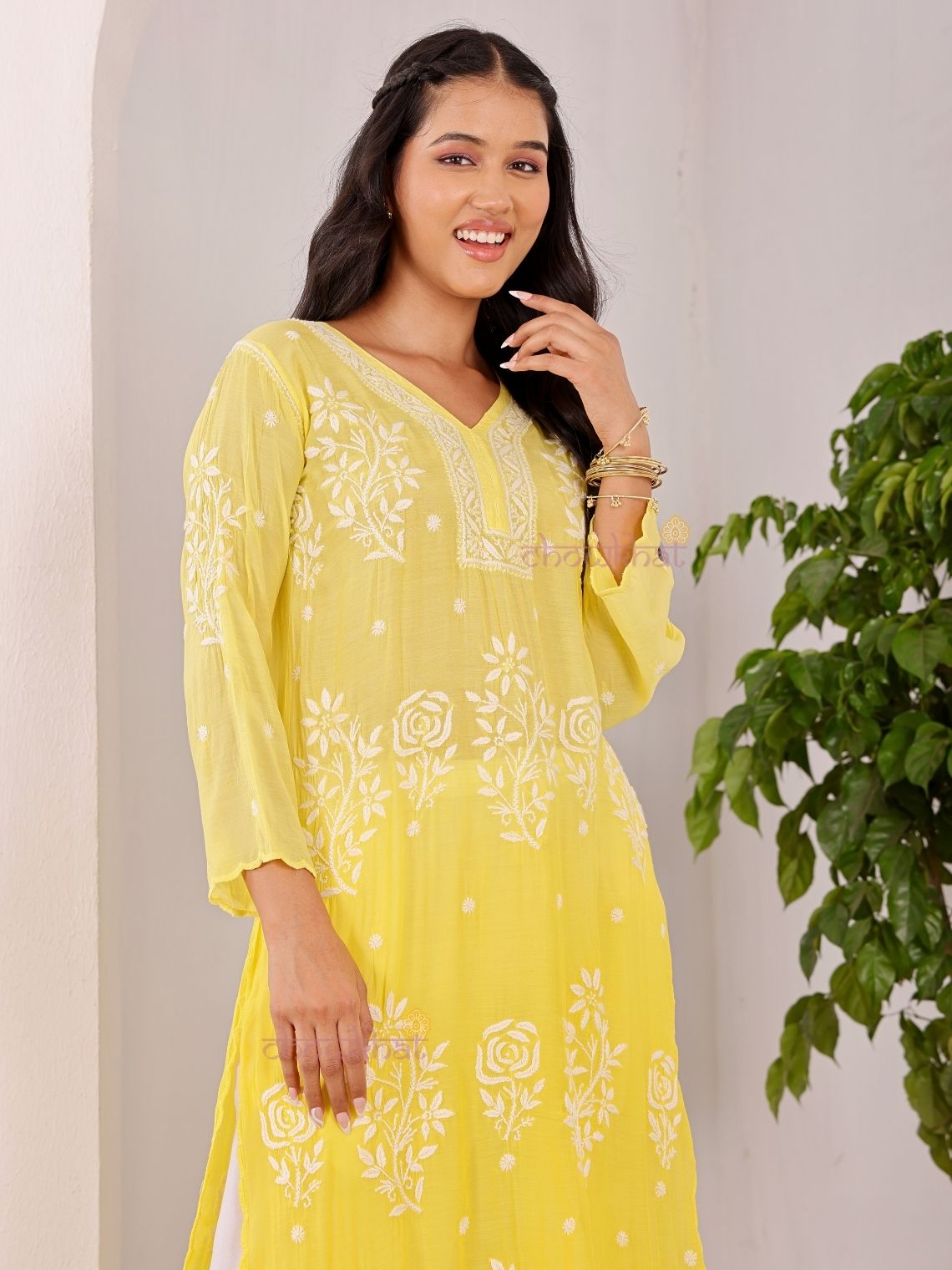 Rooh Premium Muslin Long Chikankati Scalloped Kurti - Chowkhat Lifestyle