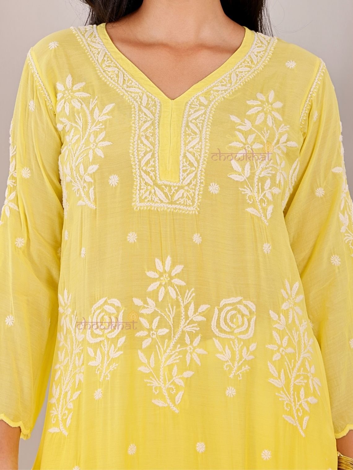 Rooh Premium Muslin Long Chikankati Scalloped Kurti - Chowkhat Lifestyle