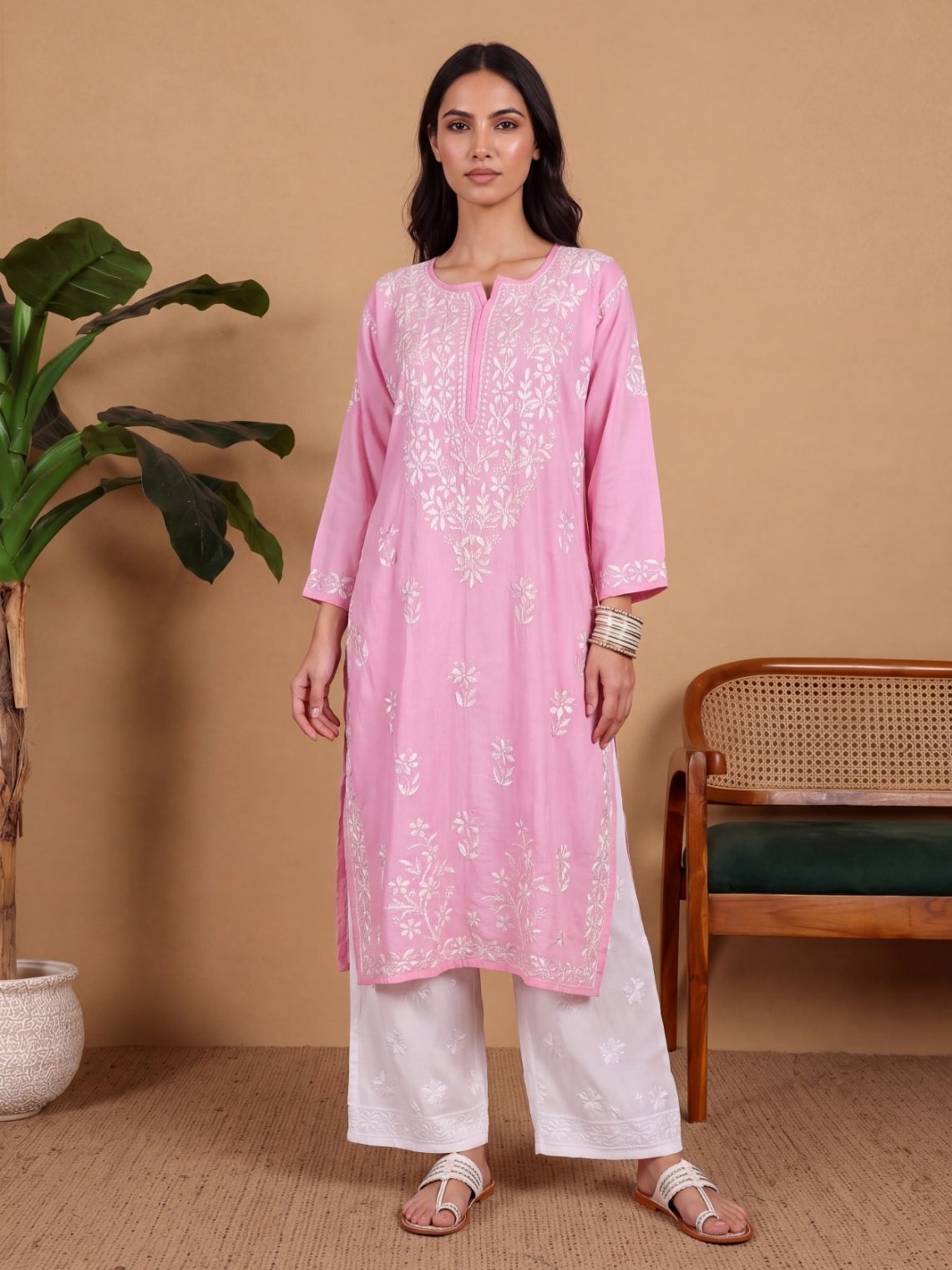Pratiksha Modal Straight Long Chikankari Kurti - Chowkhat Lifestyle