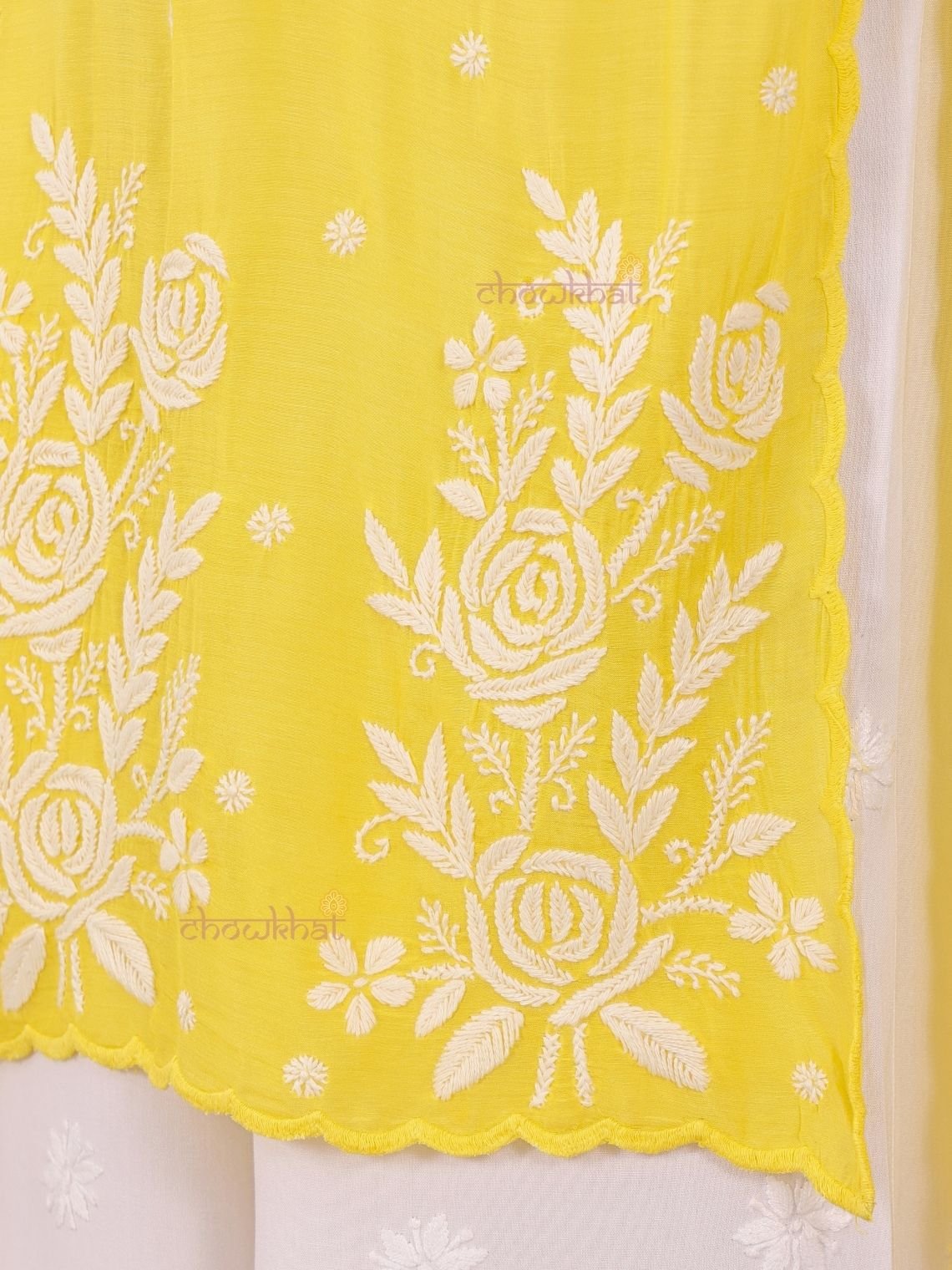 Rooh Premium Muslin Long Chikankati Scalloped Kurti - Chowkhat Lifestyle