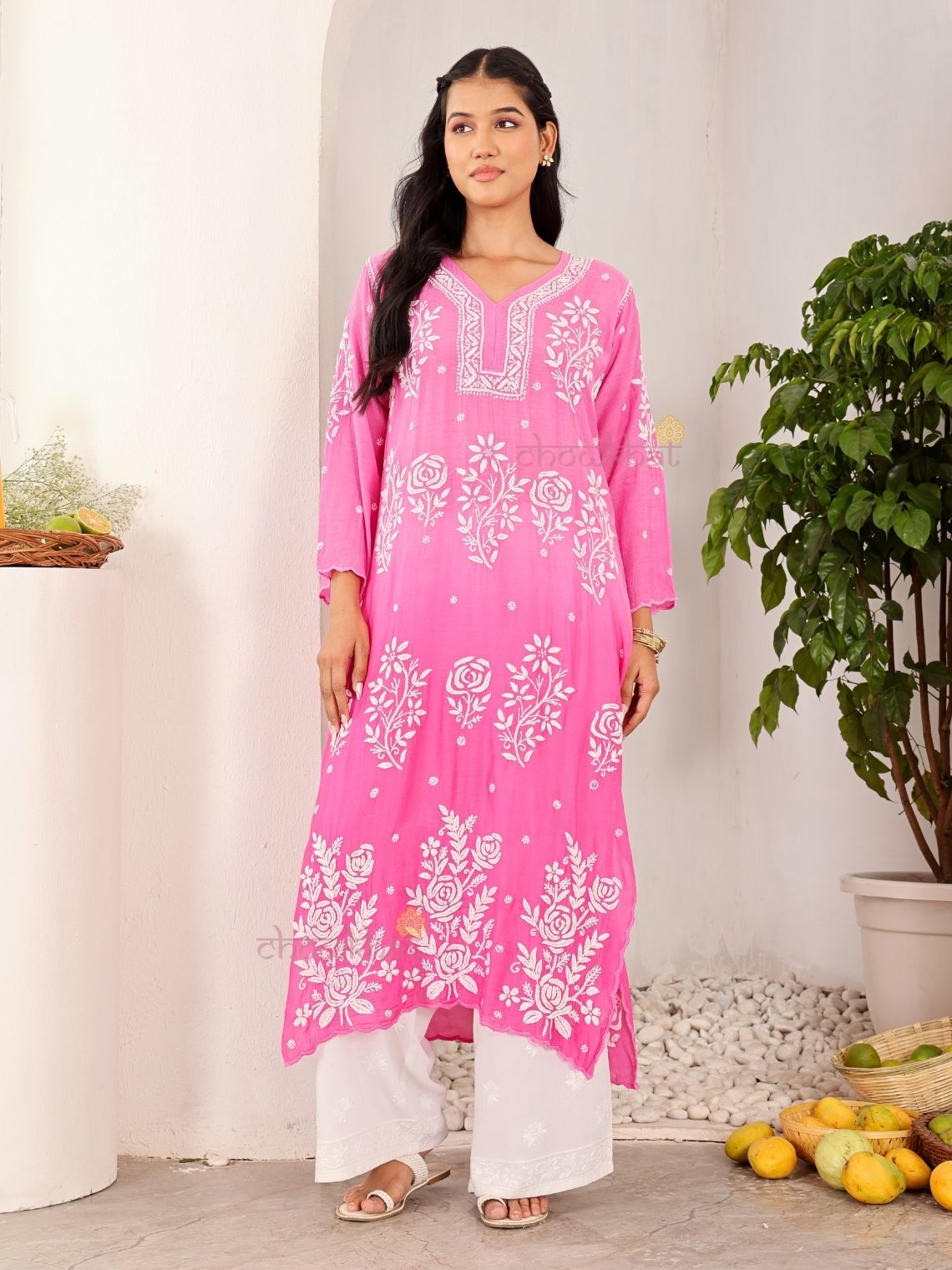Rooh Premium Muslin Long Chikankati Scalloped Kurti