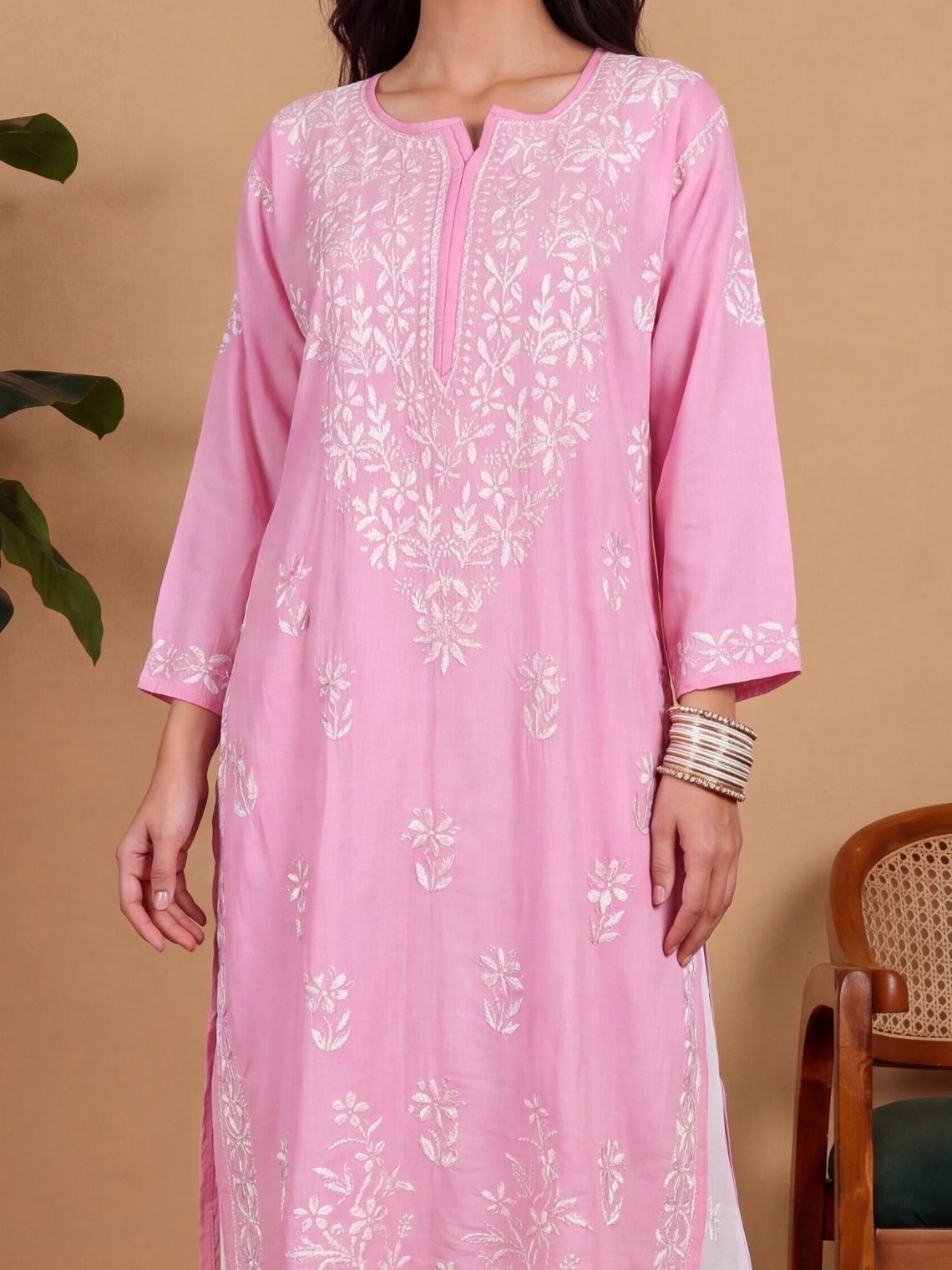 Pratiksha Modal Straight Long Chikankari Kurti - Chowkhat Lifestyle