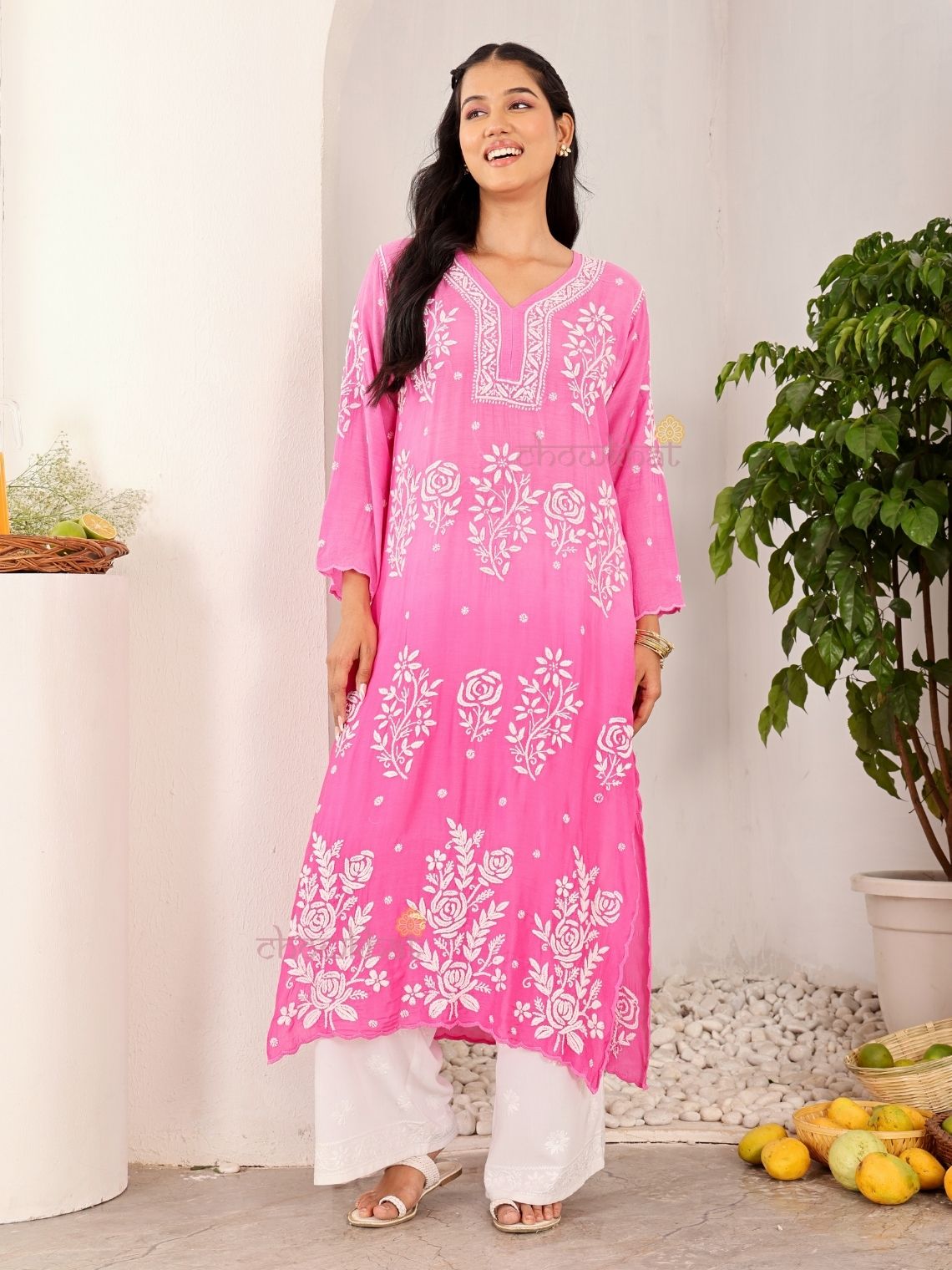 Rooh Premium Muslin Long Chikankati Scalloped Kurti - Chowkhat Lifestyle
