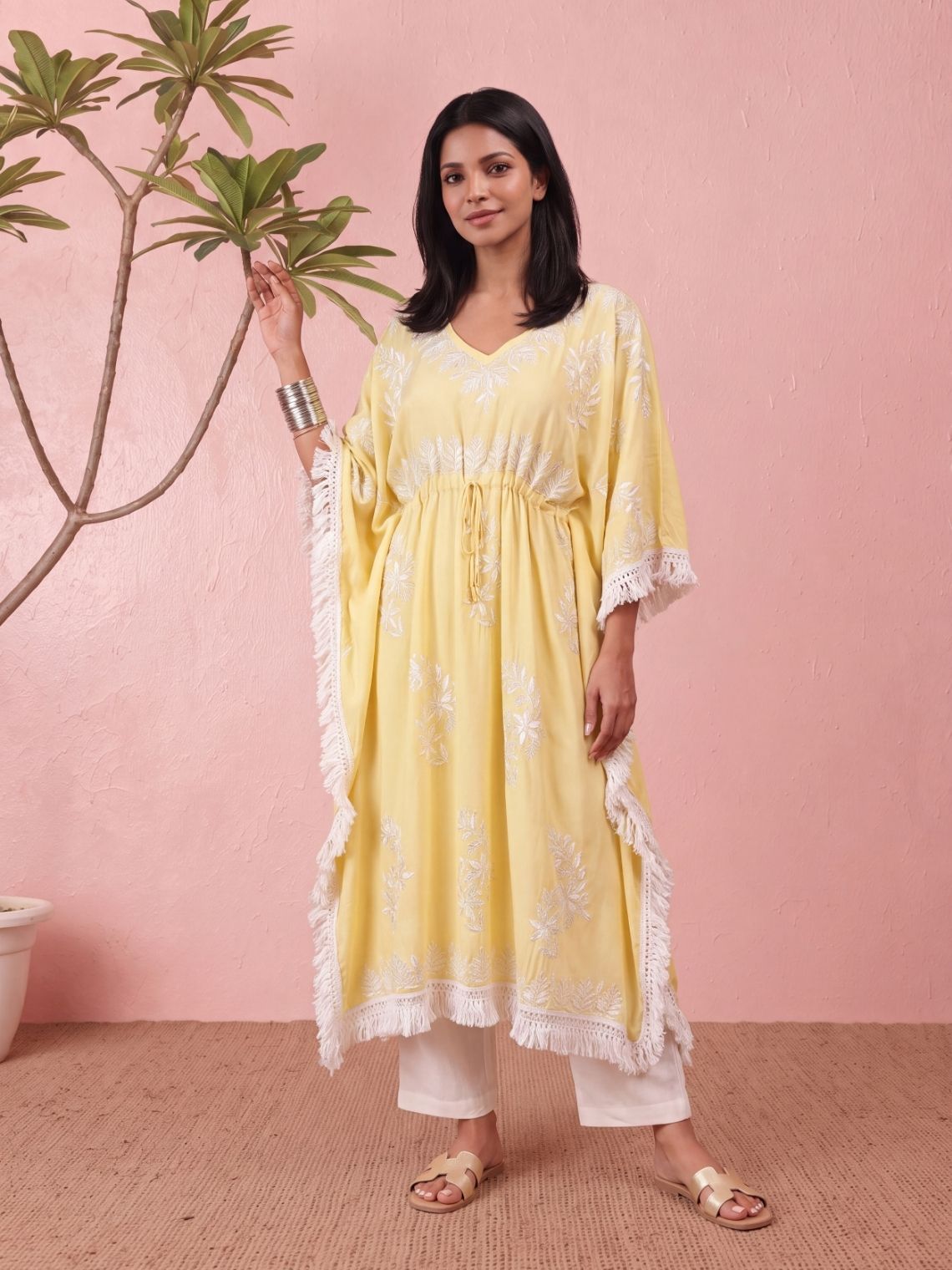Ojasvi Mul Cotton Long Chikankari Kaftan - Chowkhat Lifestyle