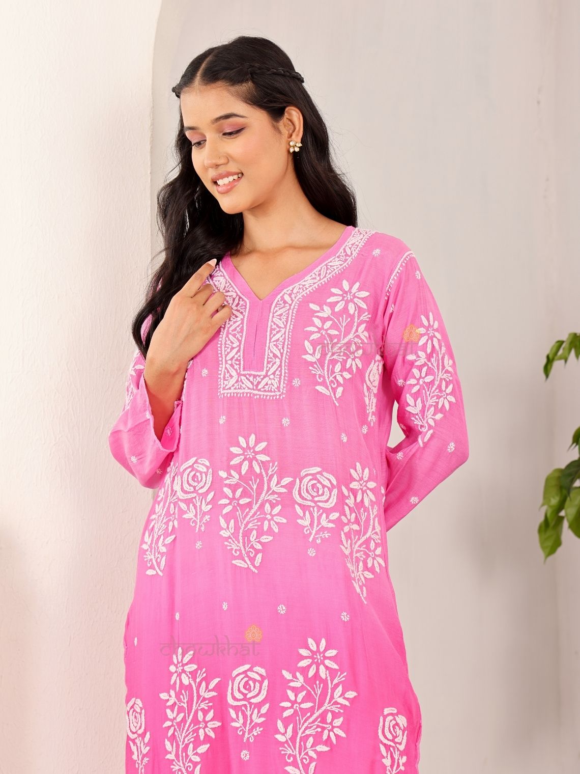 Rooh Premium Muslin Long Chikankati Scalloped Kurti - Chowkhat Lifestyle