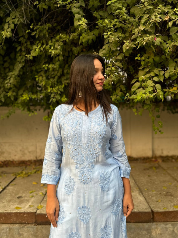 Feba Premium Muslin Chikankari Kurti with Mukaish Work - Blue - Chowkhat Lifestyle