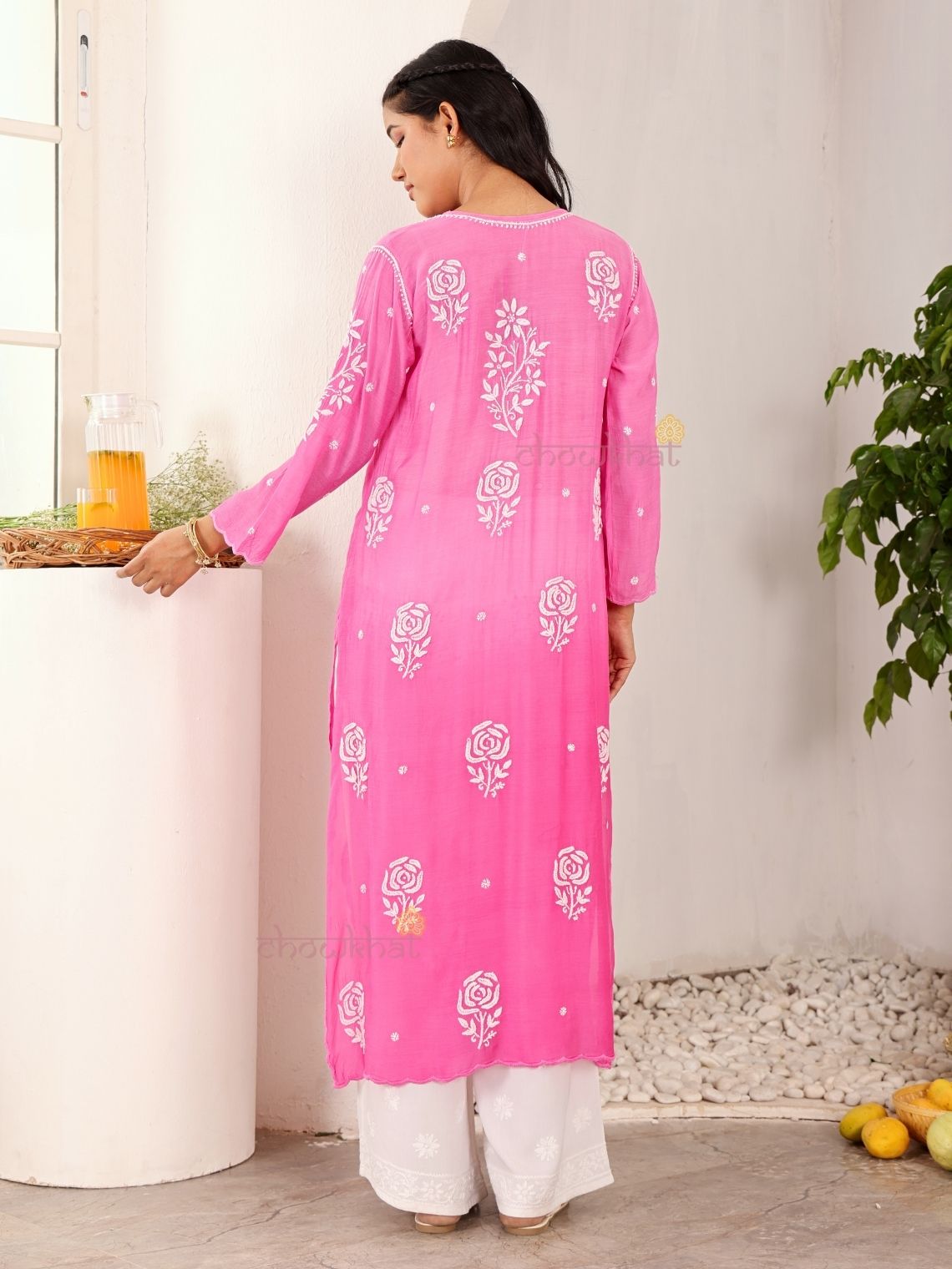 Rooh Premium Muslin Long Chikankati Scalloped Kurti - Chowkhat Lifestyle