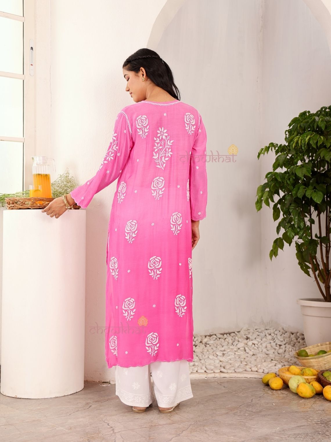 Rooh Premium Muslin Long Chikankati Scalloped Kurti - Chowkhat Lifestyle
