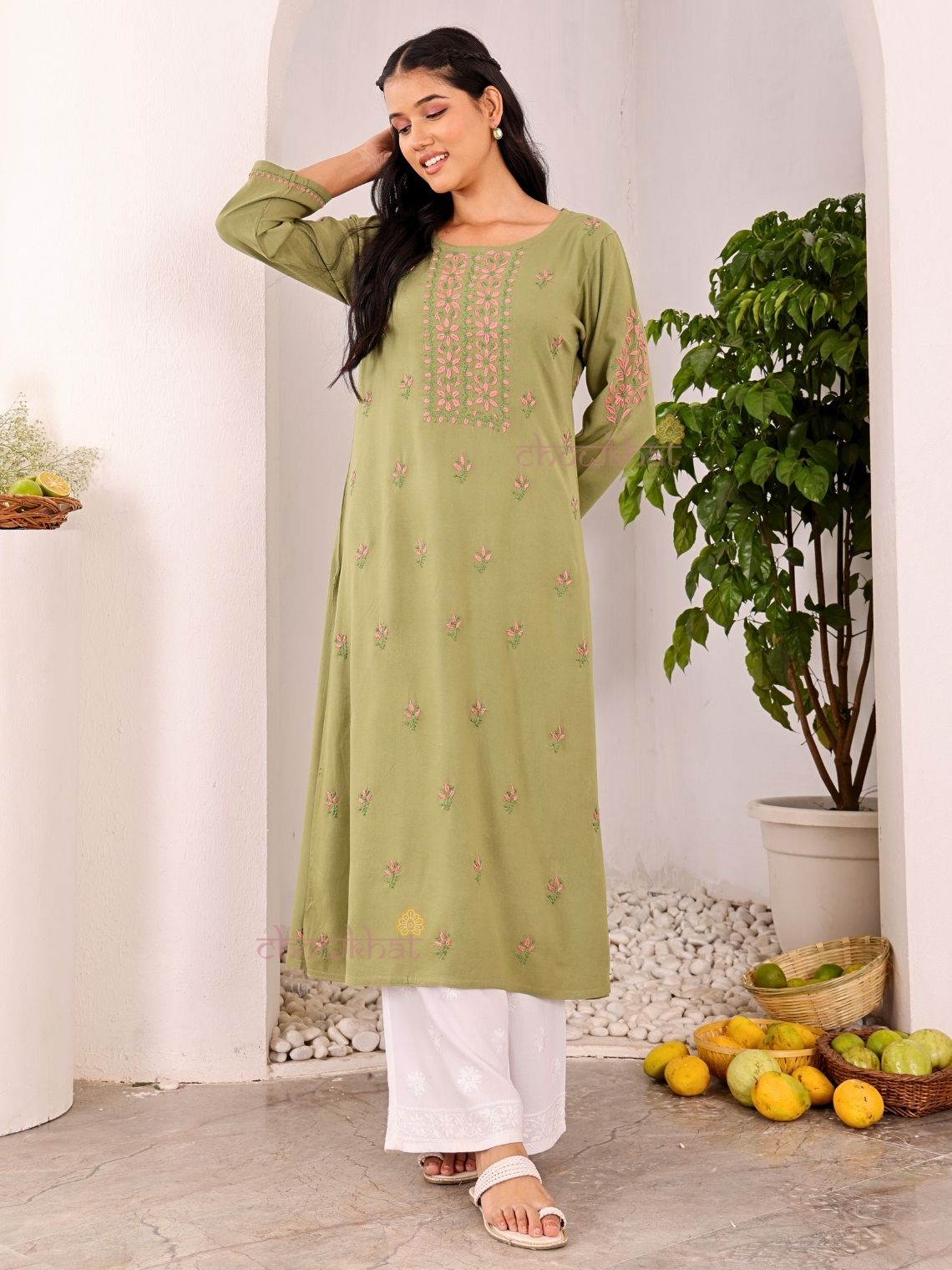 Heer Premium Rayon Straight Chikankari Kurti - Chowkhat Lifestyle