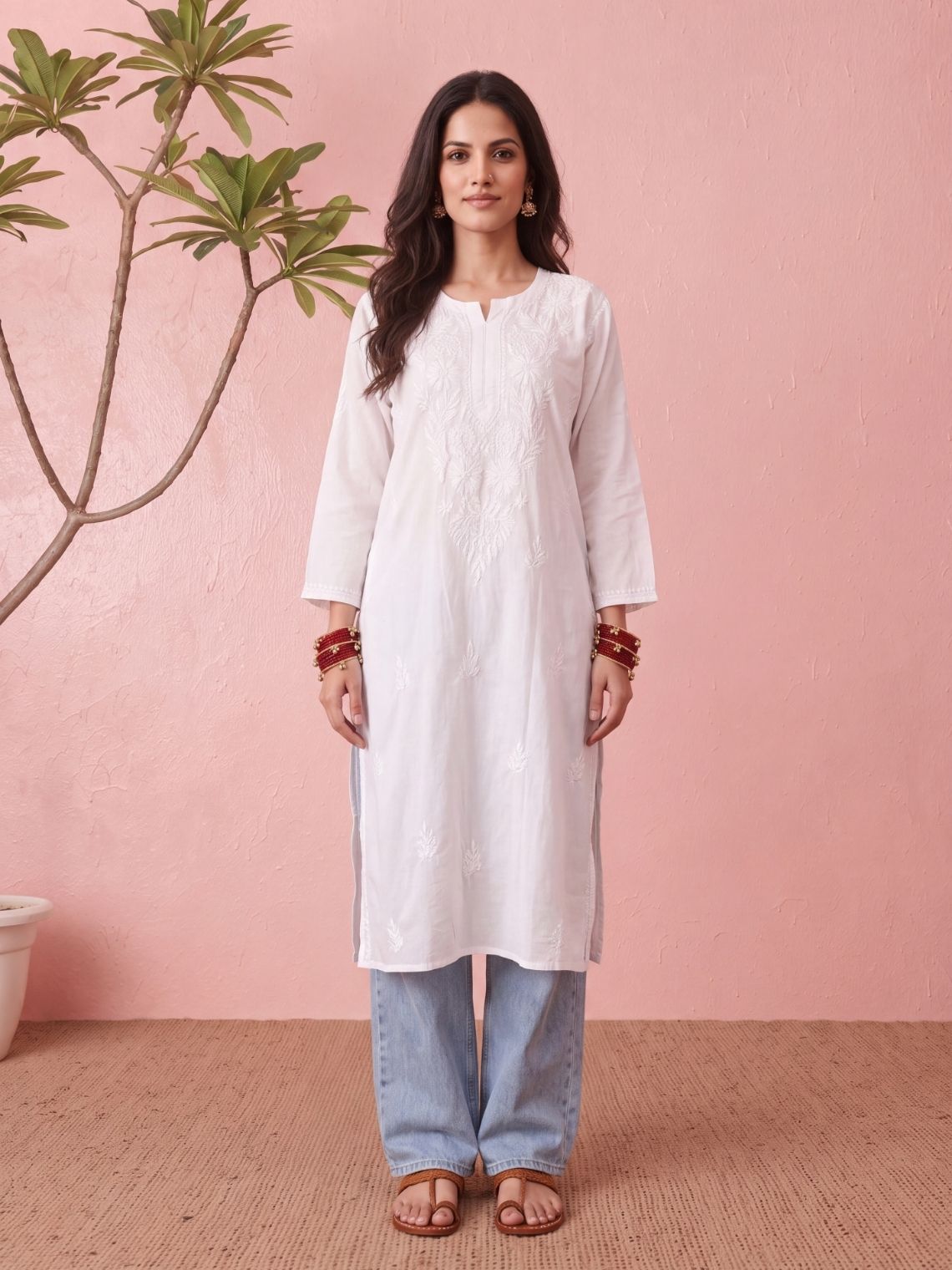 Eshita Cotton Long Chikankari Kurti - Chowkhat Lifestyle