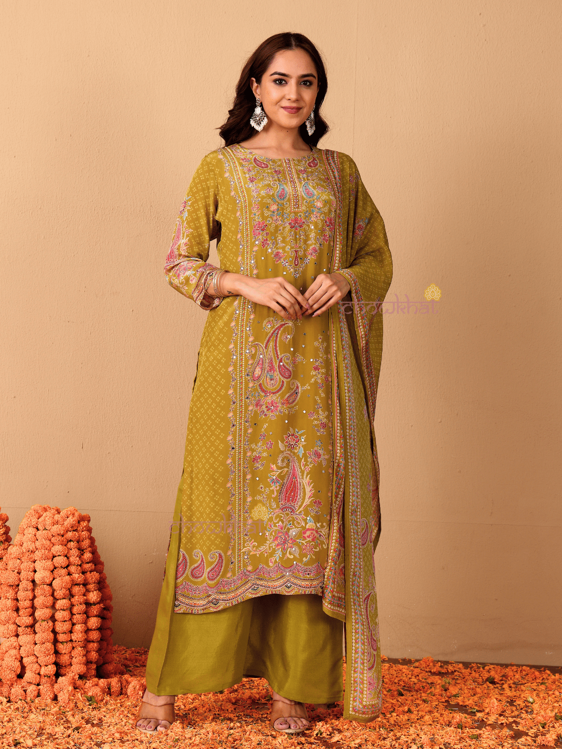 Chaand Printed 3 Piece Stitched Suit Set with Mirror work - Chowkhat Lifestyle