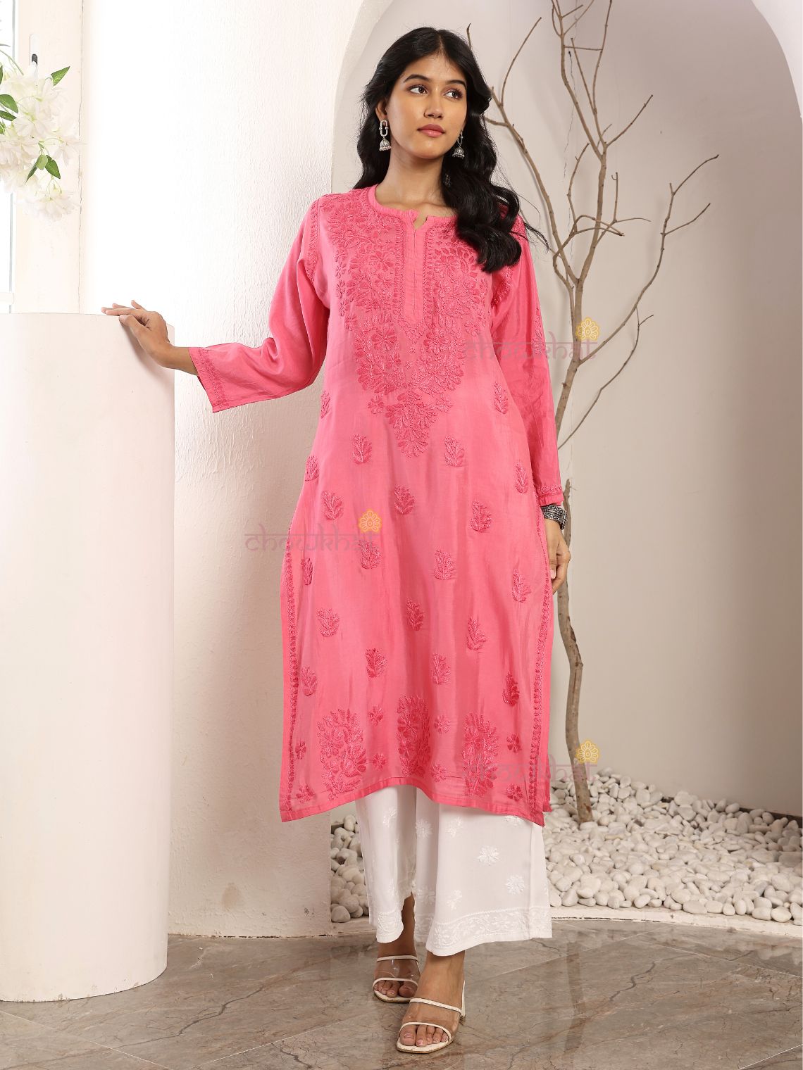 Haniya Premium Straight Chanderi Chikankari Kurti