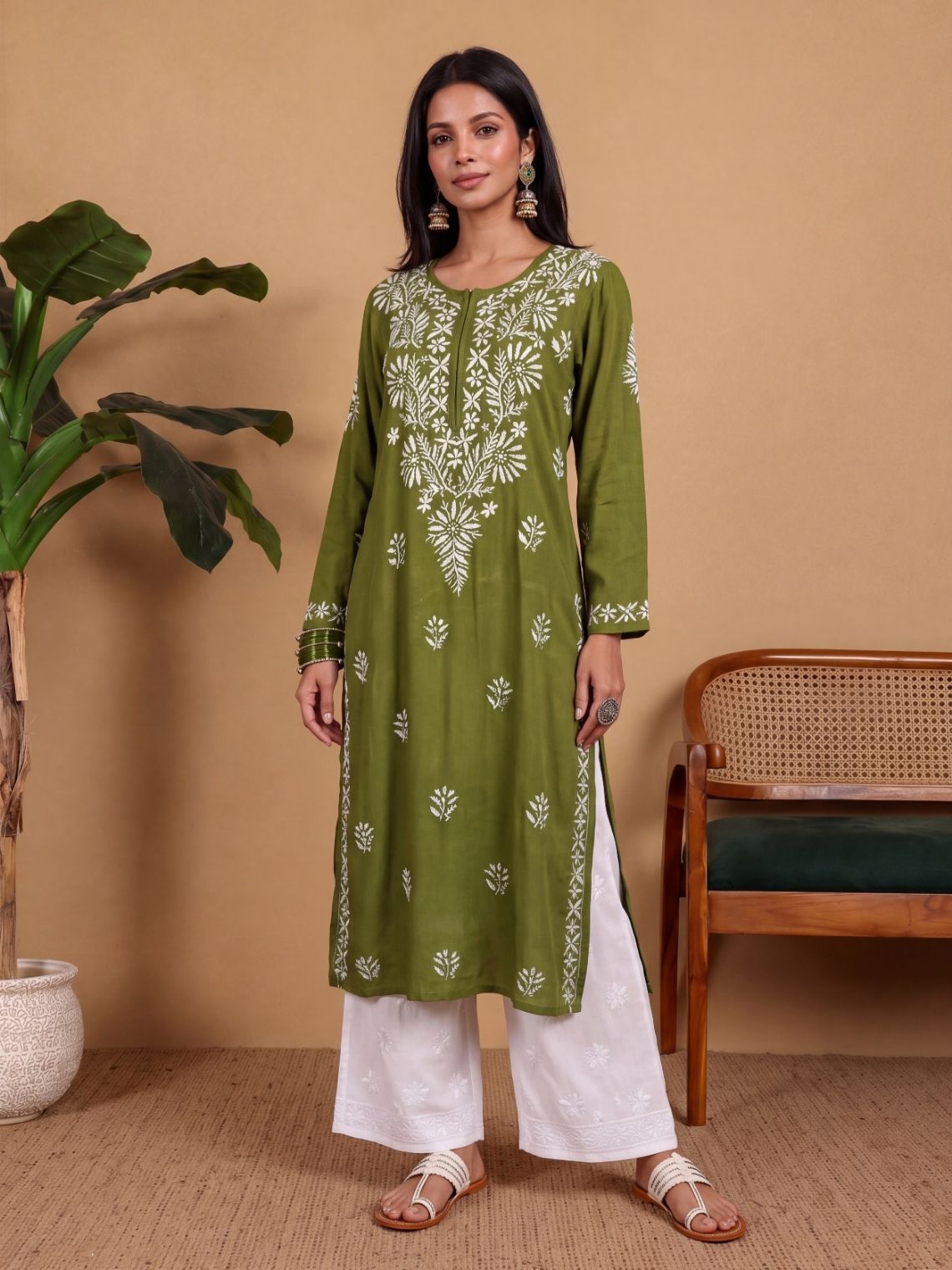 Vihana Rayon Straight Long Chikankari Kurti - Chowkhat Lifestyle