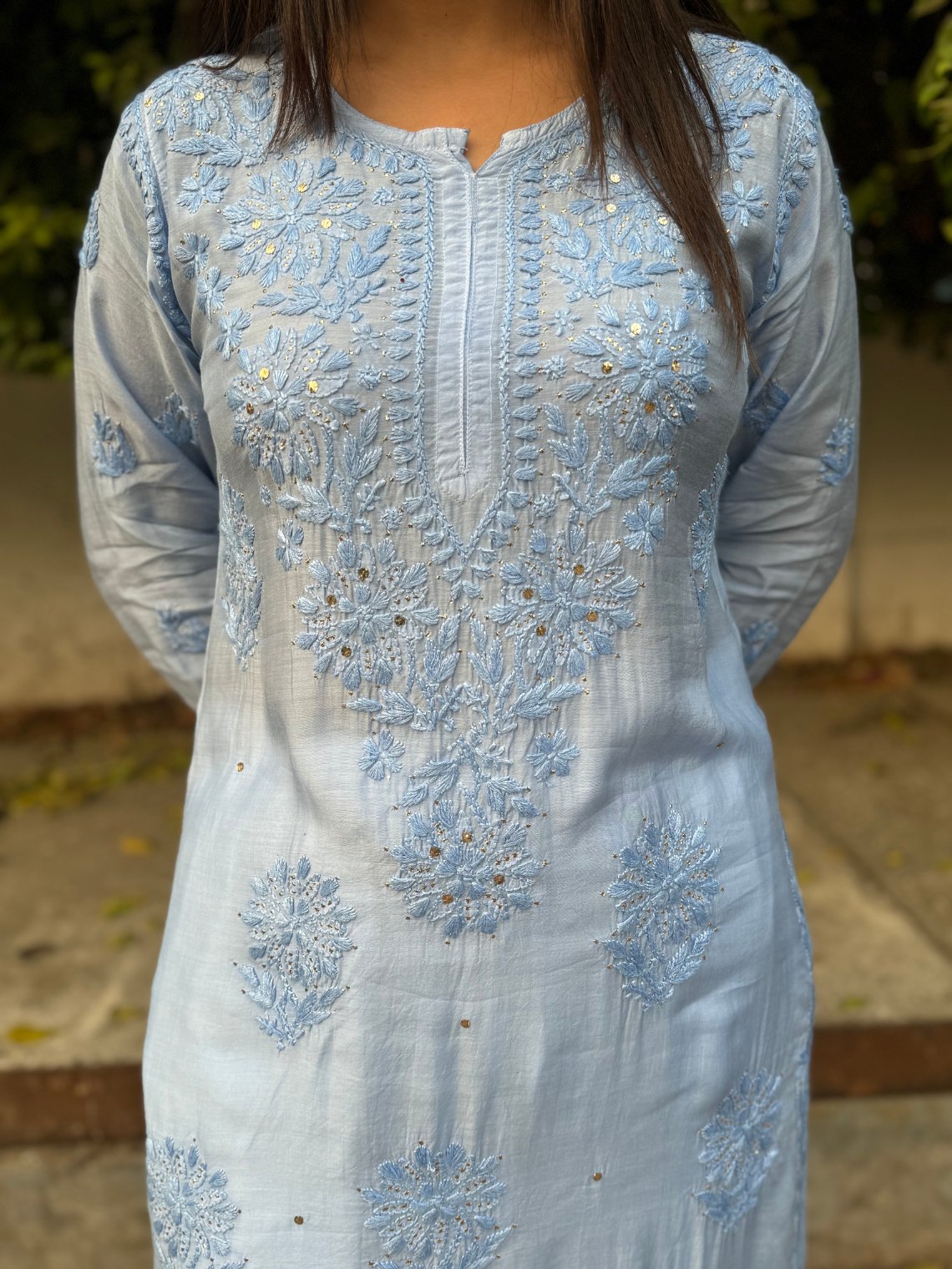 Feba Premium Muslin Chikankari Kurti with Mukaish Work - Blue - Chowkhat Lifestyle