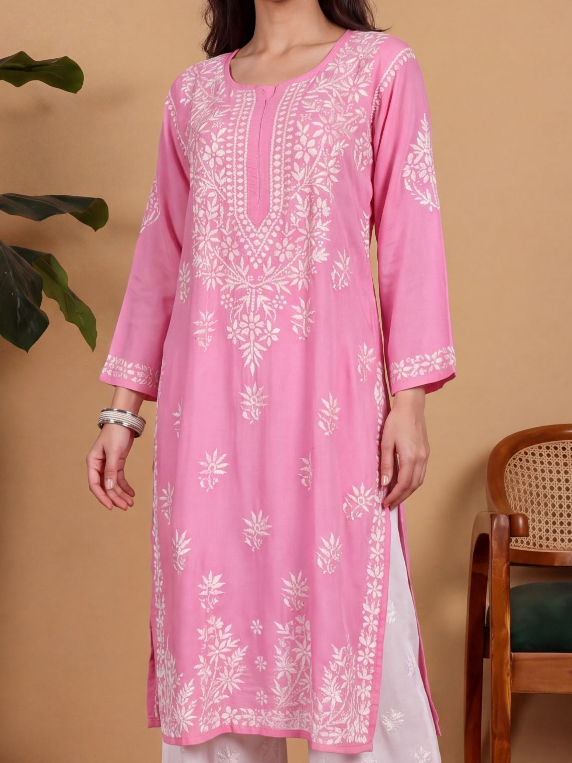 Rushika Modal Straight Long Chikankari Kurti - Chowkhat Lifestyle