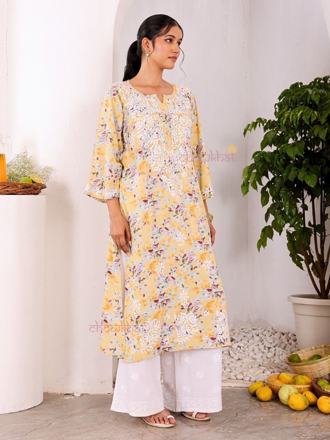 Ishani Rayon Printed Straight Chikankari Kurti - Chowkhat Lifestyle