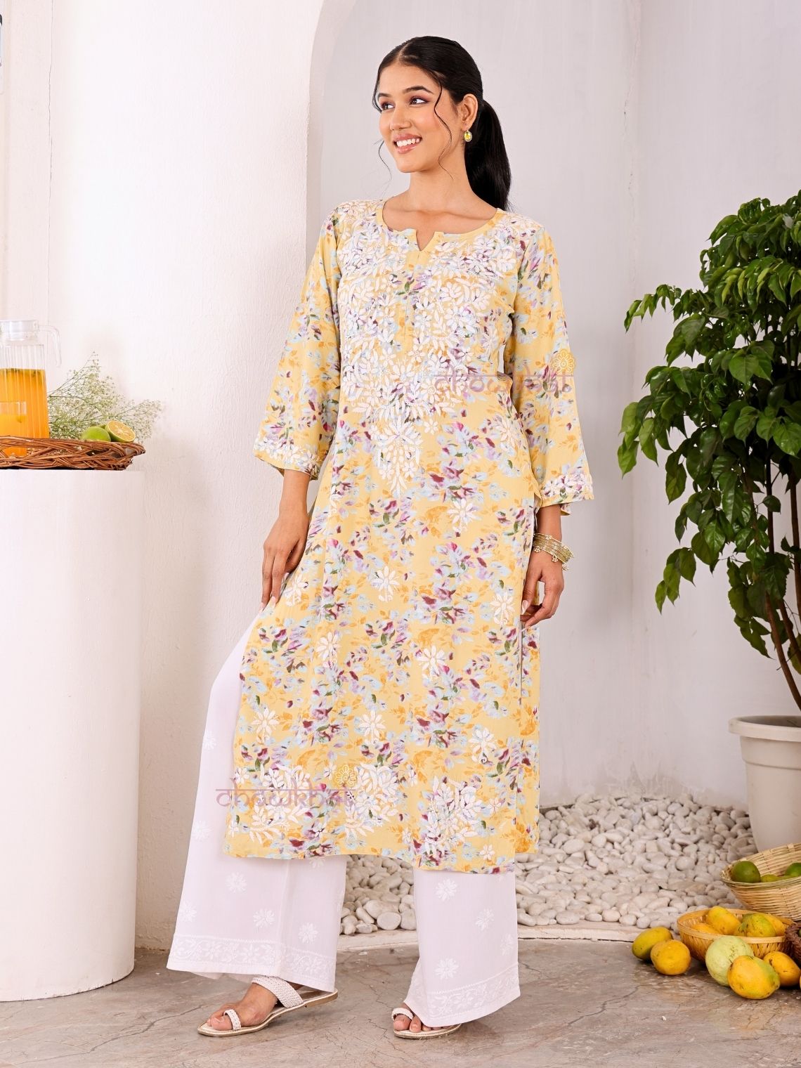 Ishani Rayon Printed Straight Chikankari Kurti - Chowkhat Lifestyle