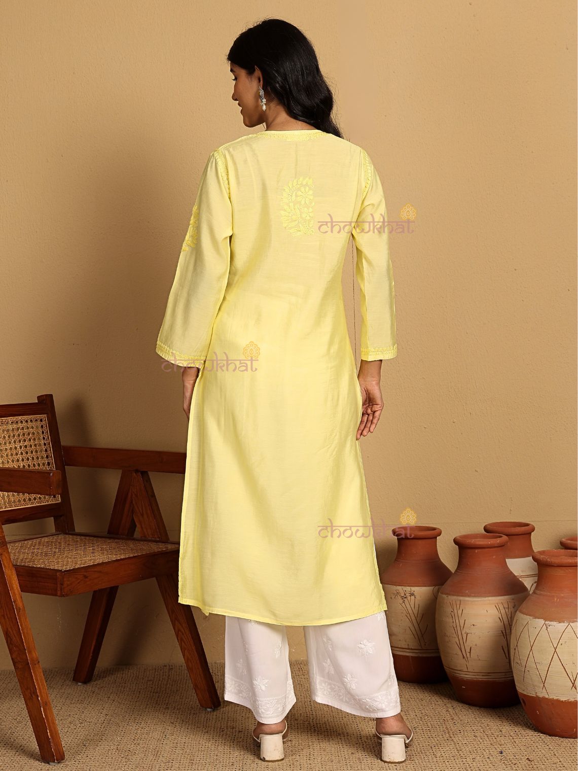 Haniya Premium Straight Chanderi Chikankari Kurti