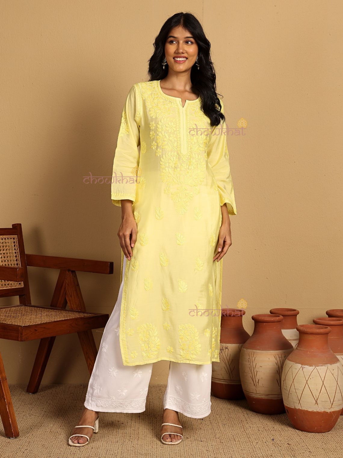 Haniya Premium Straight Chanderi Chikankari Kurti - Chowkhat Lifestyle
