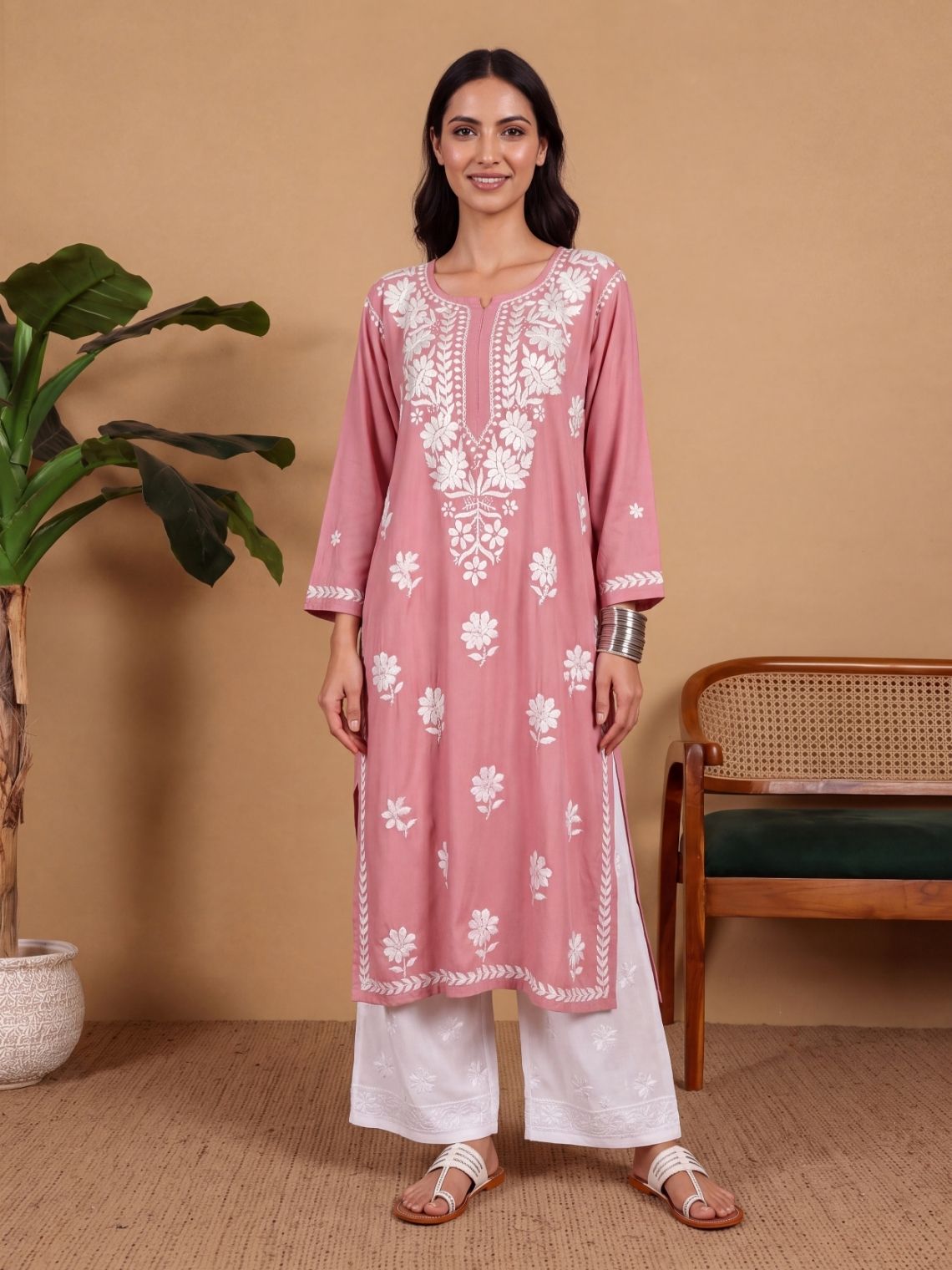 Savi Rayon Long Chikankari Kurti - Chowkhat Lifestyle