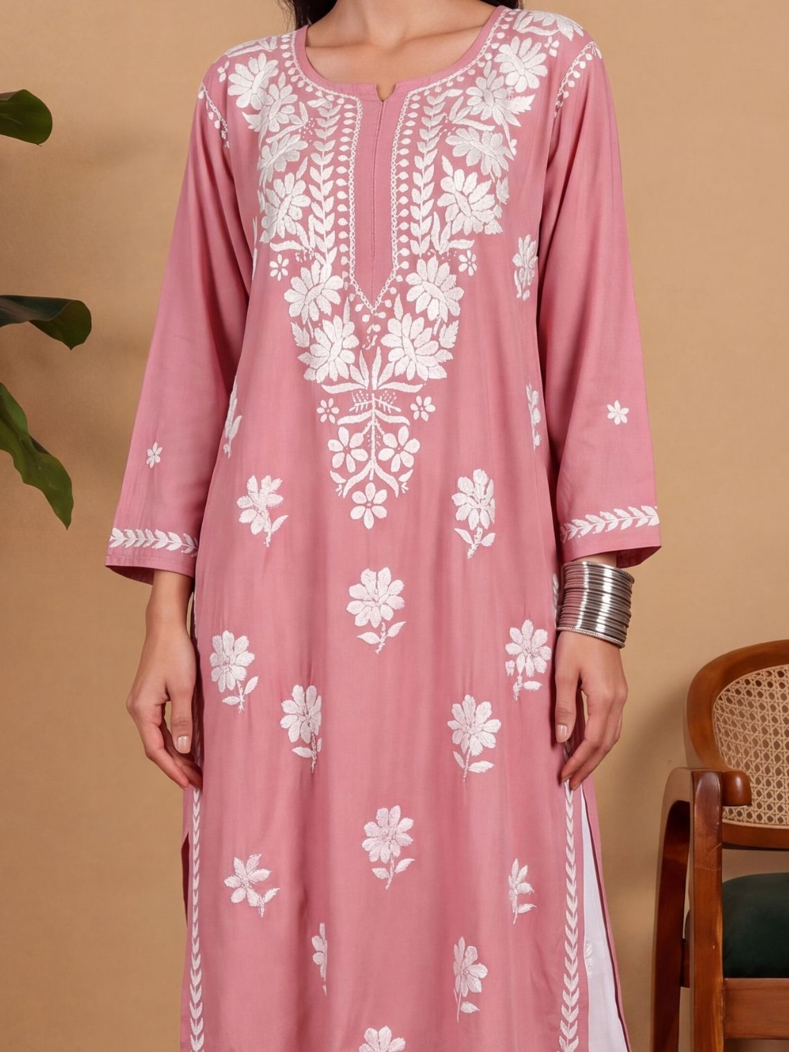 Savi Rayon Long Chikankari Kurti - Chowkhat Lifestyle