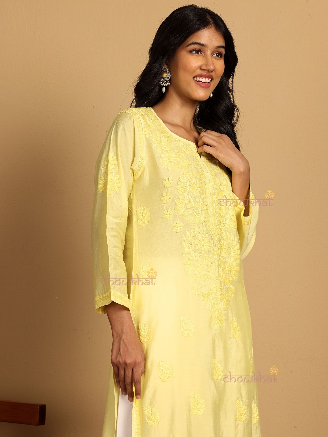 Haniya Premium Straight Chanderi Chikankari Kurti