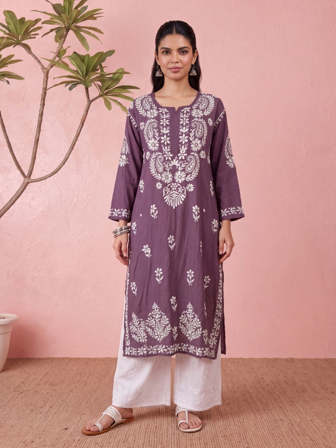 Niva Modal Straight Long Chikankari Kurti - Chowkhat Lifestyle