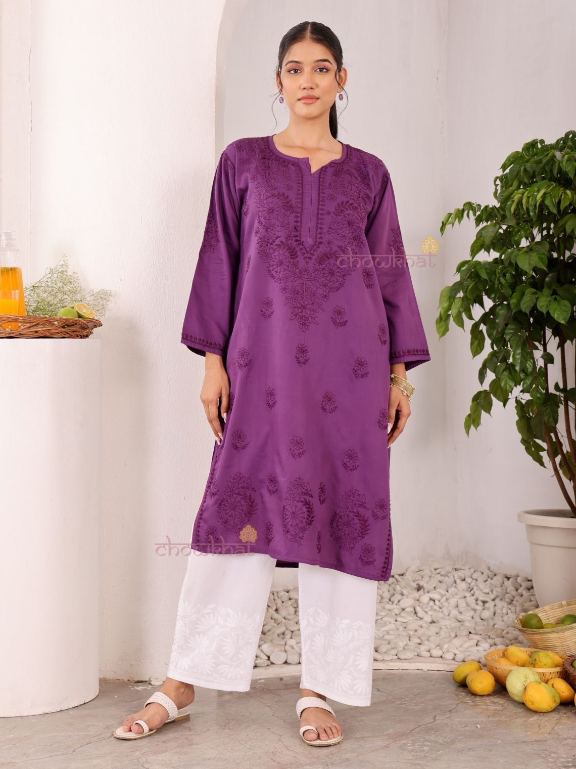 Chaand Cotton Satin Straight Long Chikankari Kurti with pocket - Chowkhat Lifestyle