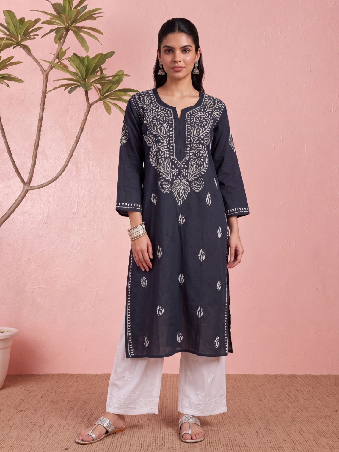 Veda Cotton Chikankakri Long Kurti - Chowkhat Lifestyle
