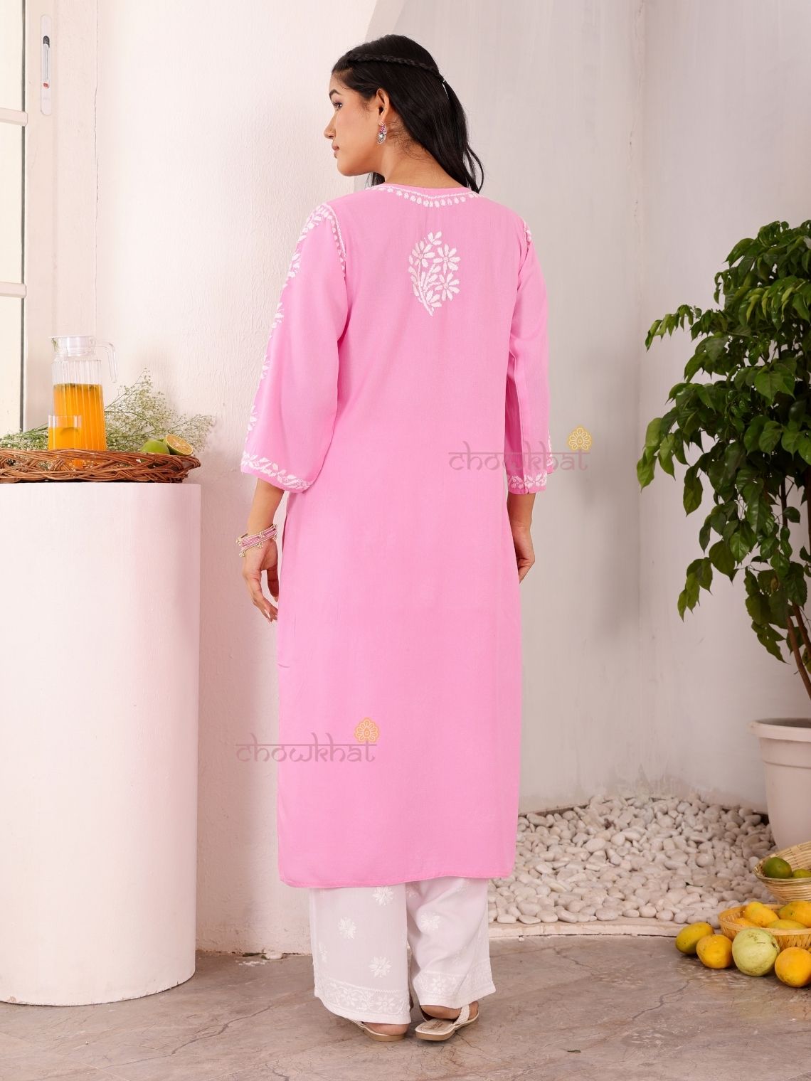 Navya Rayon Straight Chikankari Kurti with Lace Detailing - Chowkhat Lifestyle
