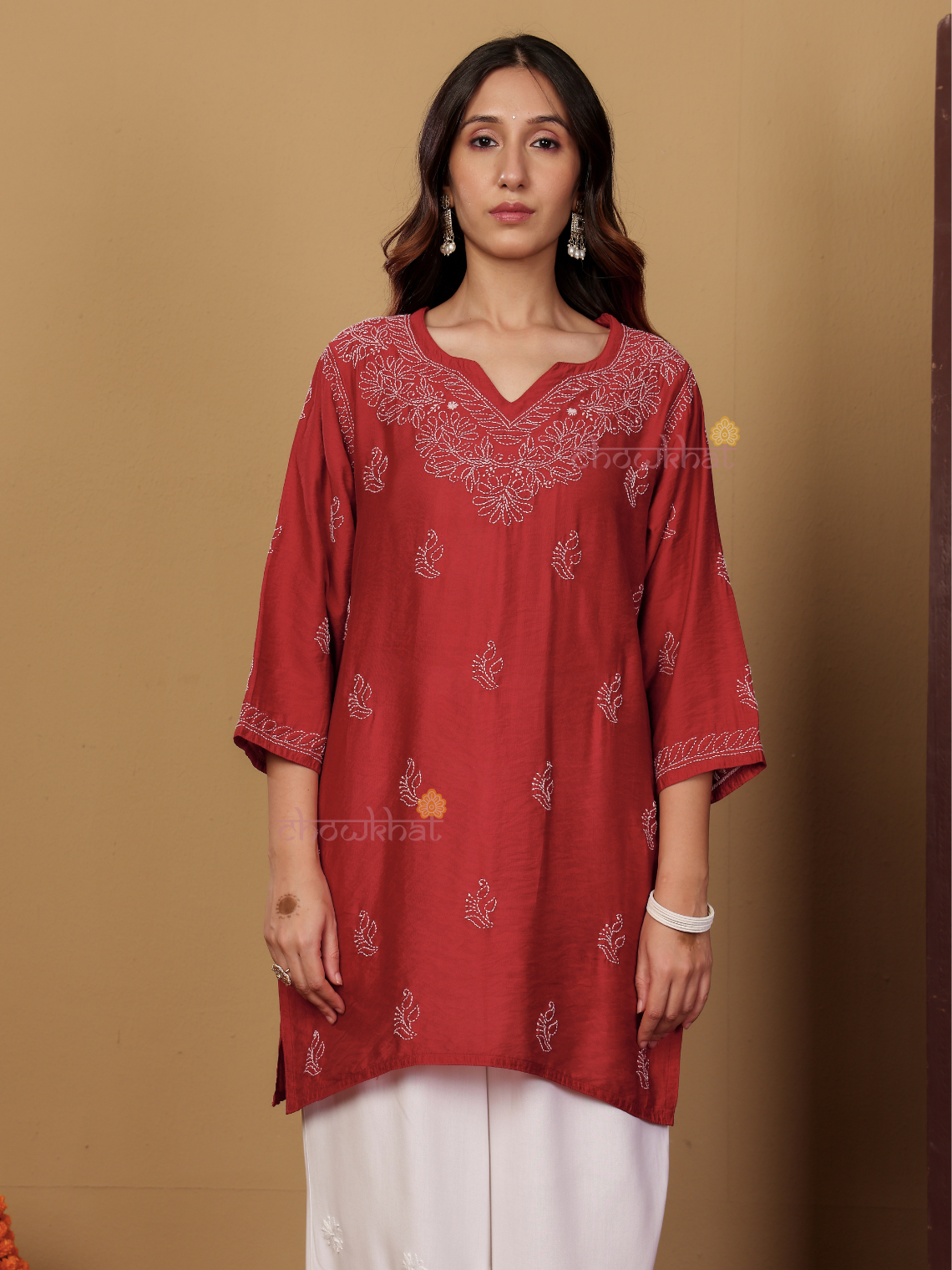 Azha Chanderi Straight Short Chikankari Kurti