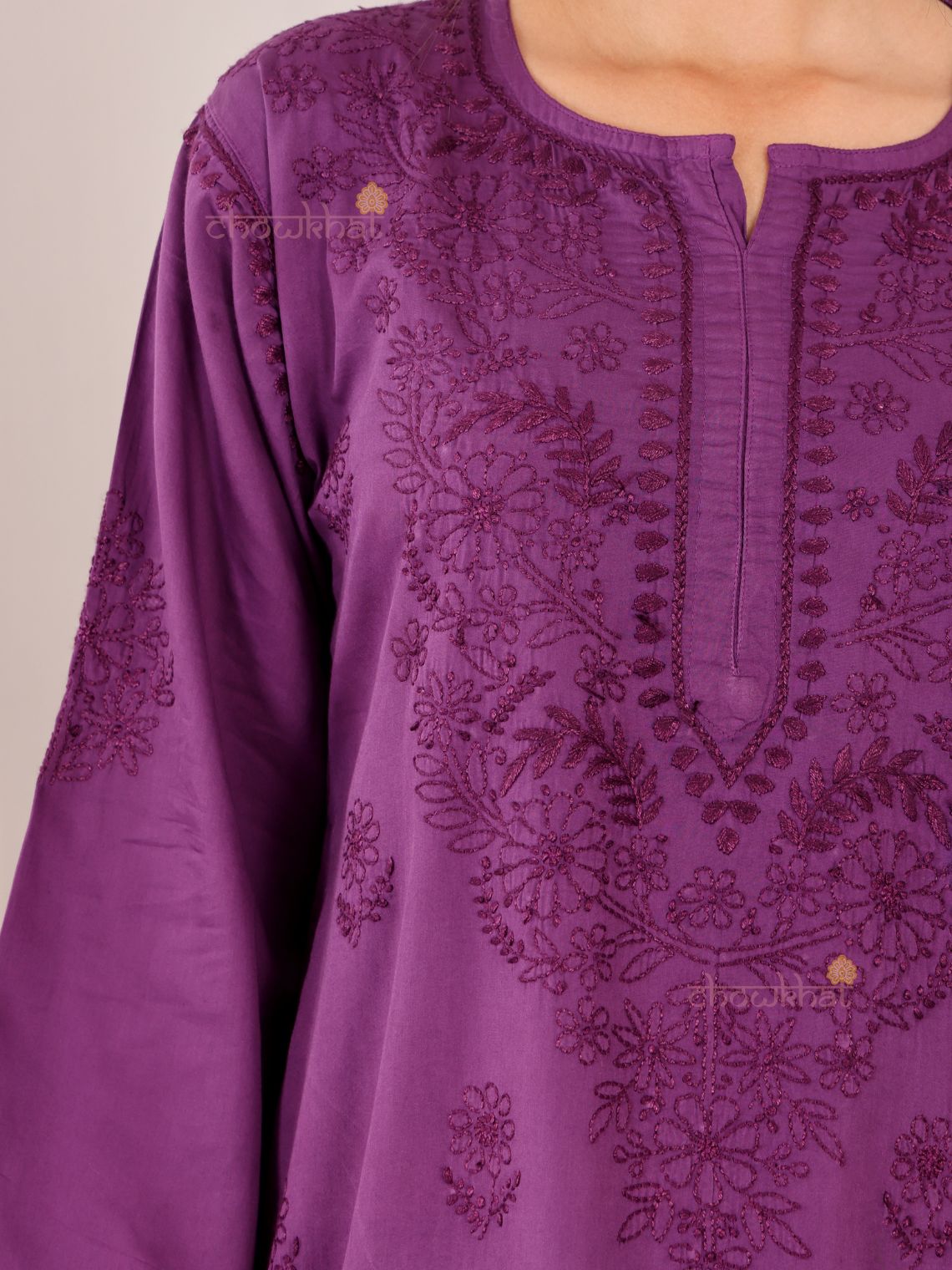 Chaand Cotton Satin Straight Long Chikankari Kurti with pocket - Chowkhat Lifestyle