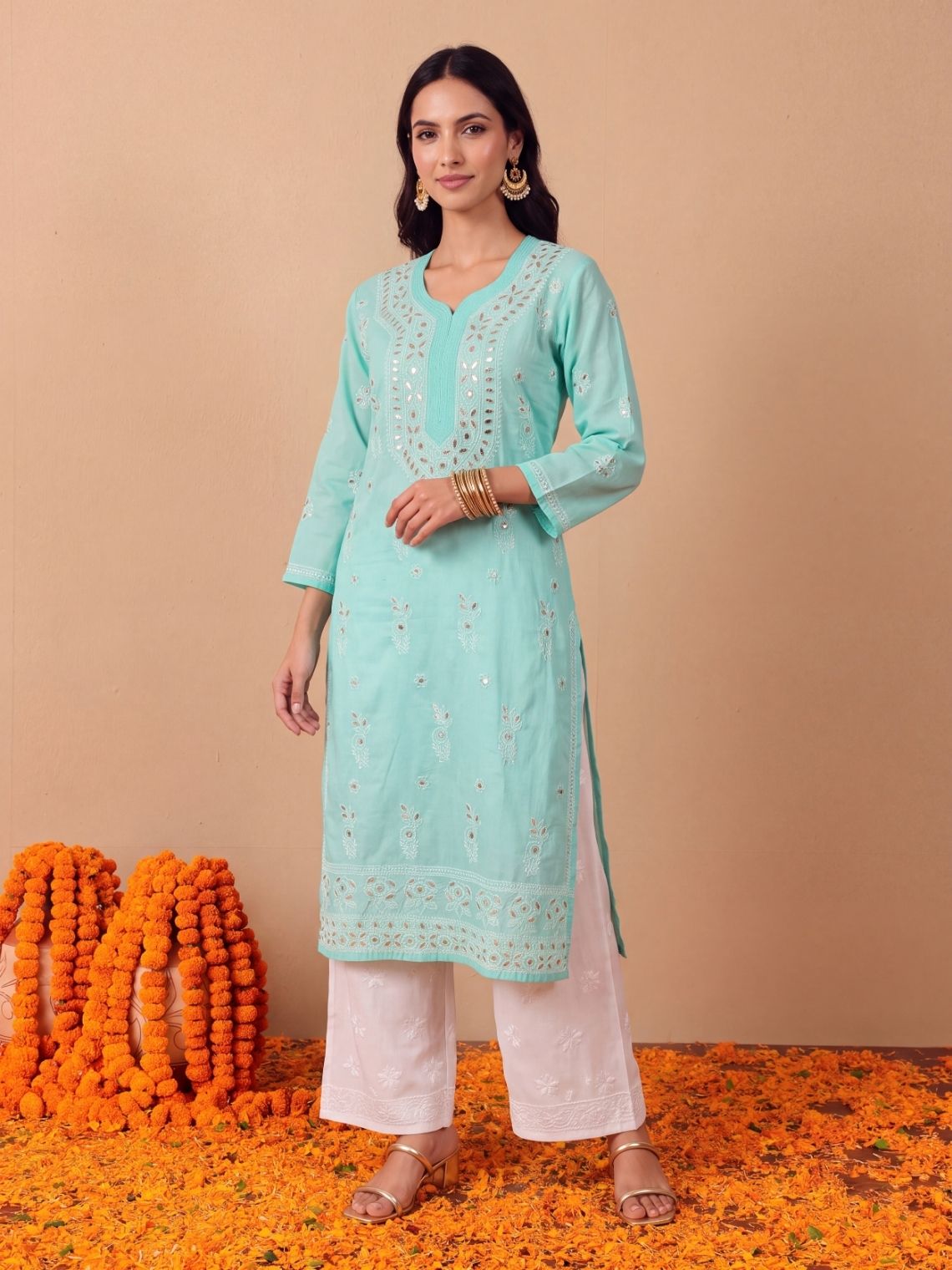 Gitanjali Cotton Chikankri Long Kurti with Gota patti - Chowkhat Lifestyle