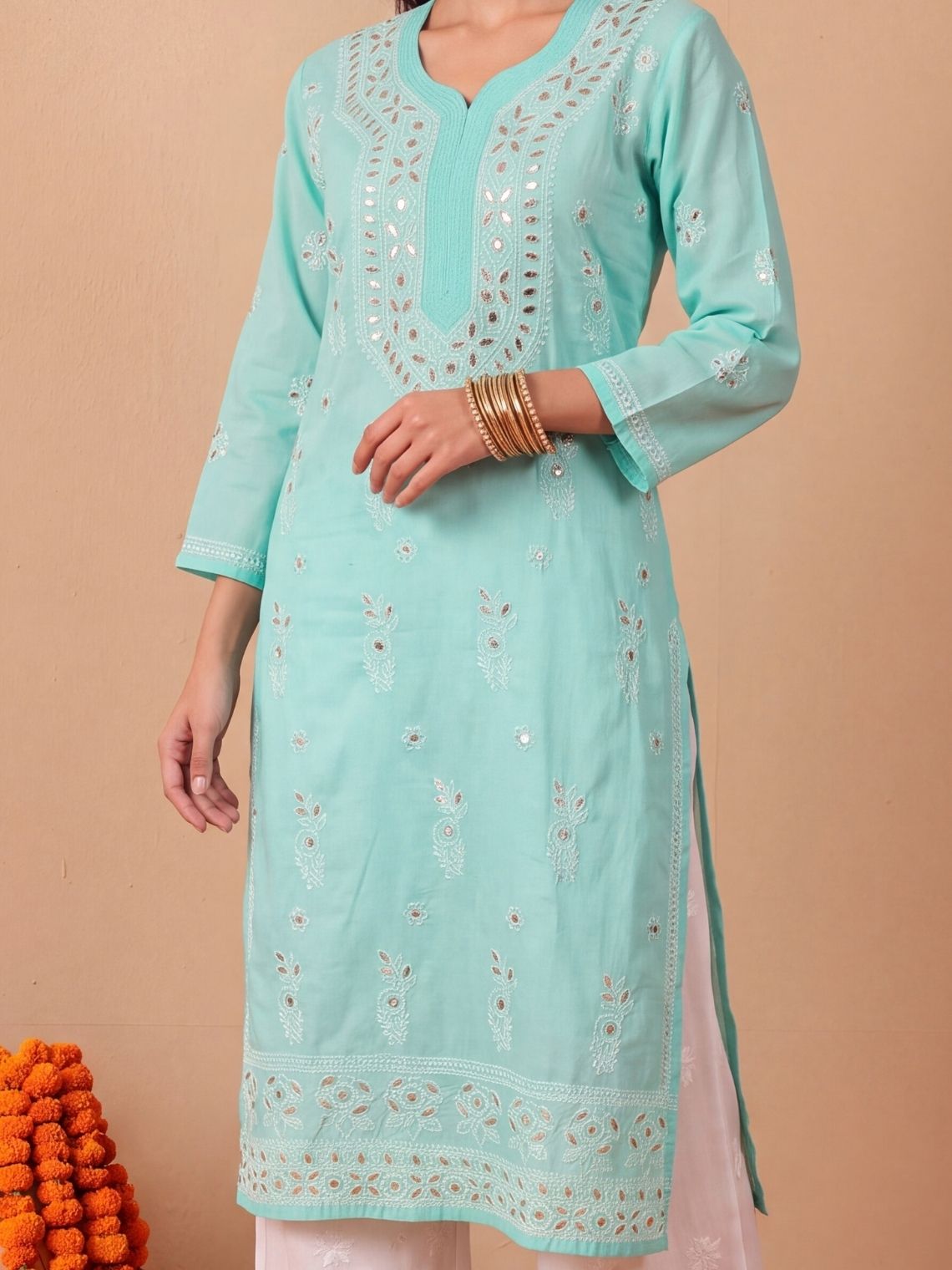Gitanjali Cotton Chikankri Long Kurti with Gota patti - Chowkhat Lifestyle