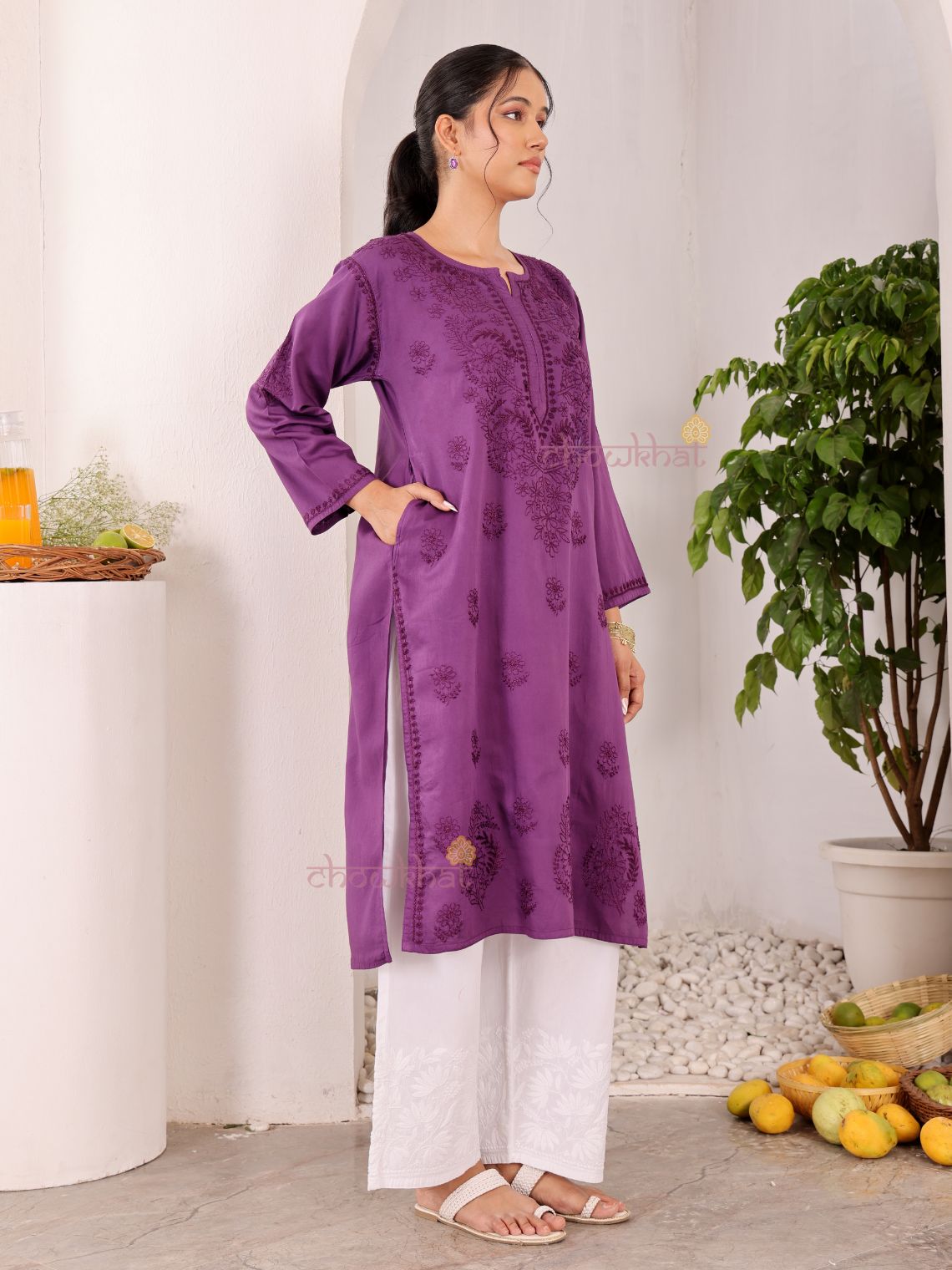 Chaand Cotton Satin Straight Long Chikankari Kurti with pocket - Chowkhat Lifestyle