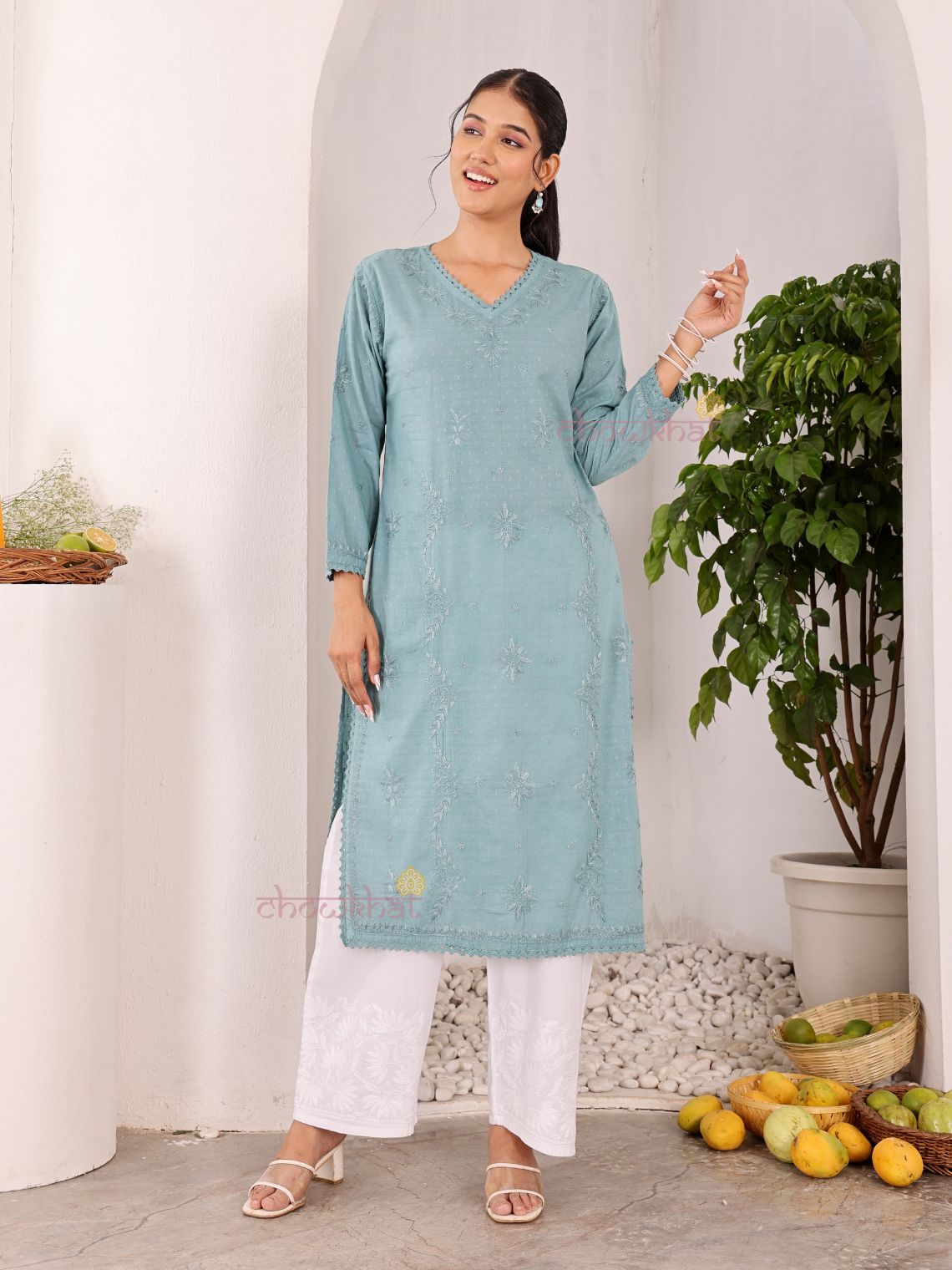 Tara Cotton Dobby Straight Long Chikankari Kurti with pocket - Chowkhat Lifestyle