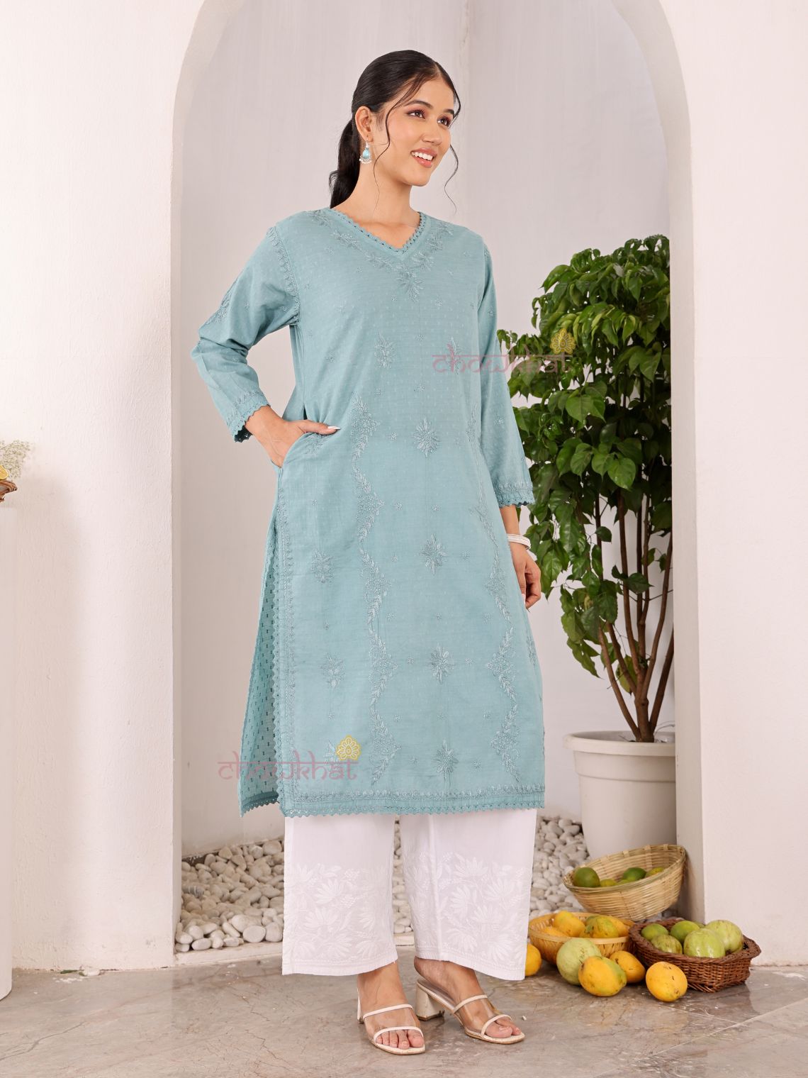 Tara Cotton Dobby Straight Long Chikankari Kurti with pocket - Chowkhat Lifestyle
