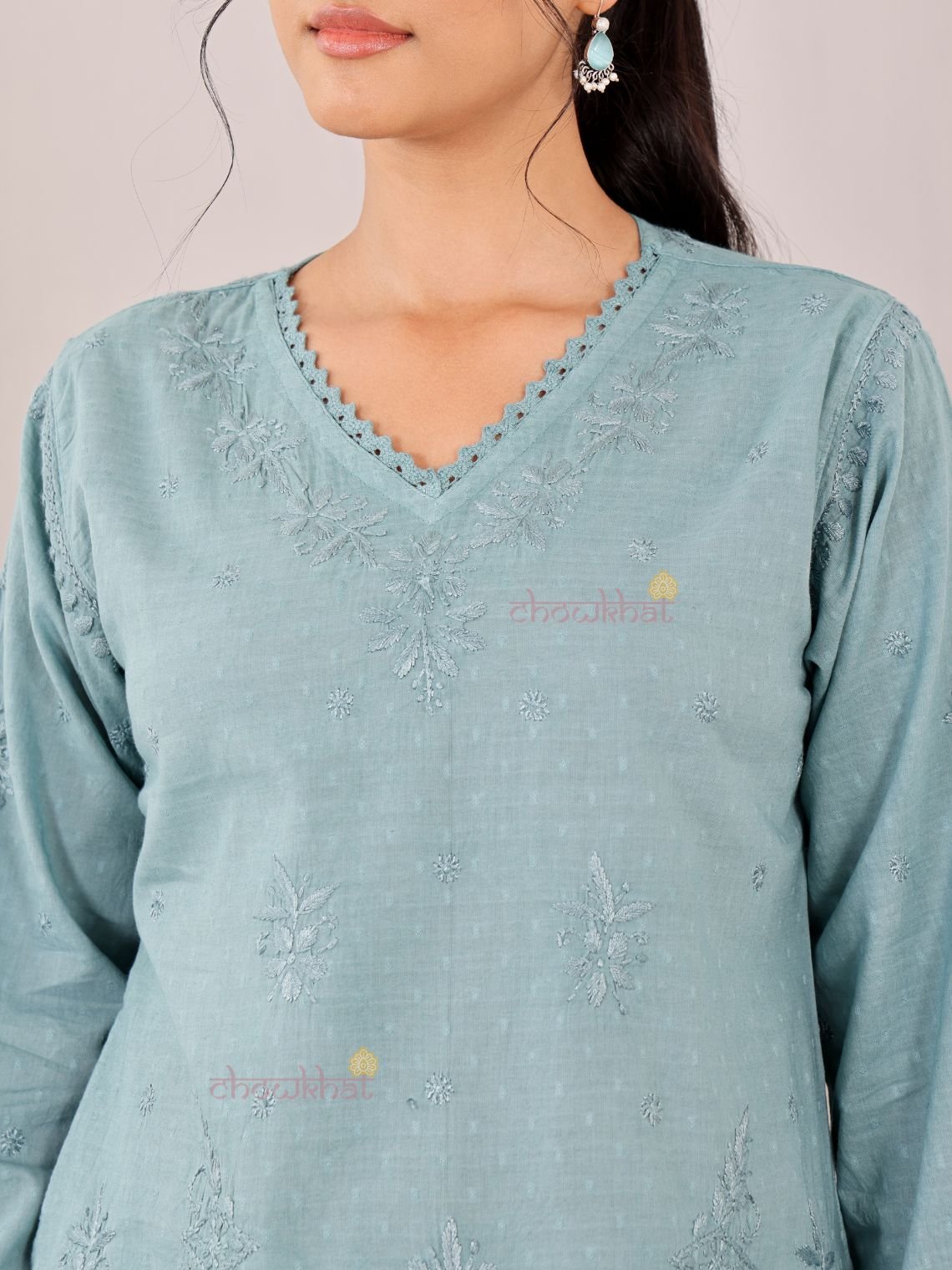 Tara Cotton Dobby Straight Long Chikankari Kurti with pocket - Chowkhat Lifestyle