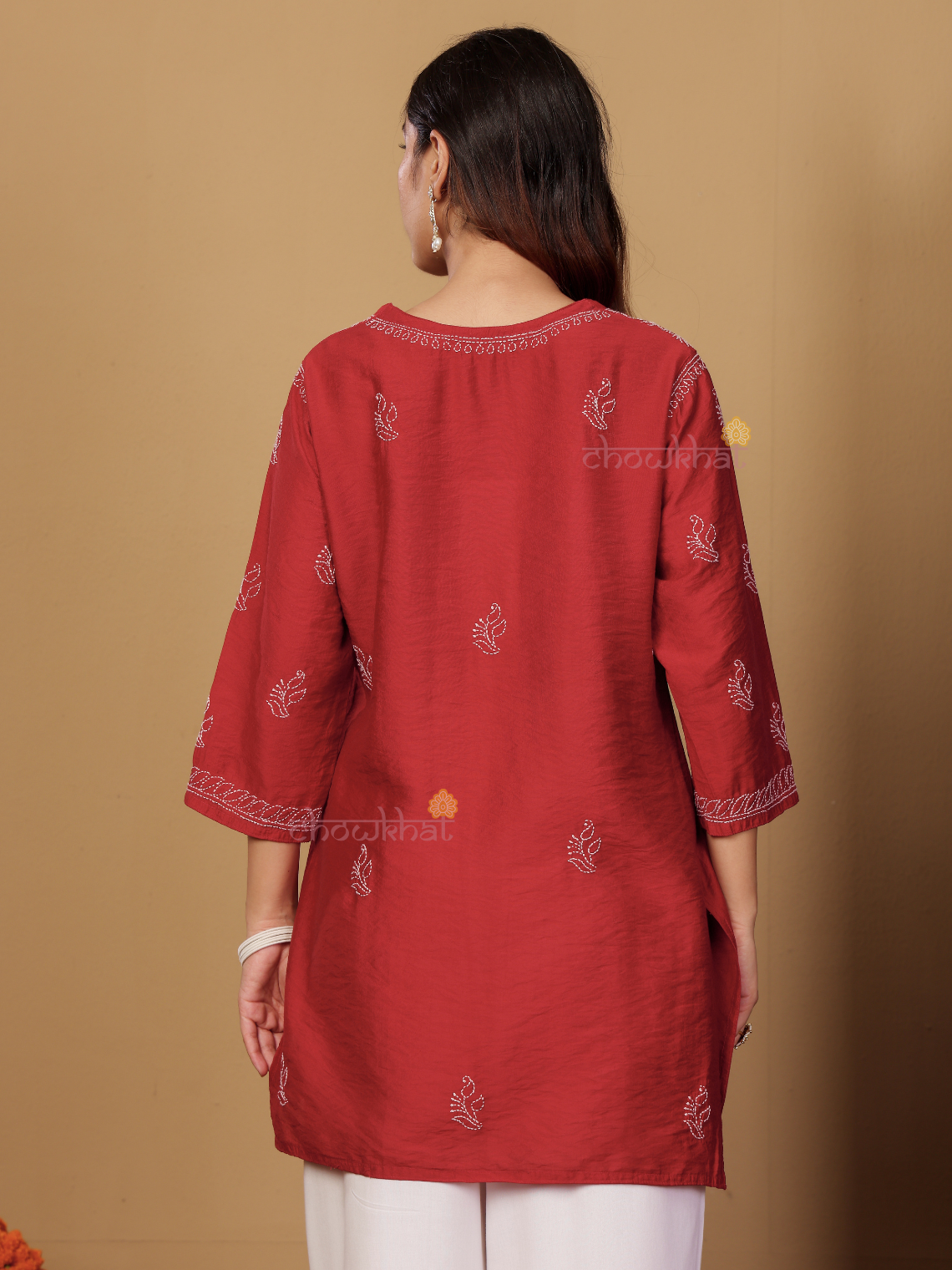 Azha Chanderi Straight Short Chikankari Kurti