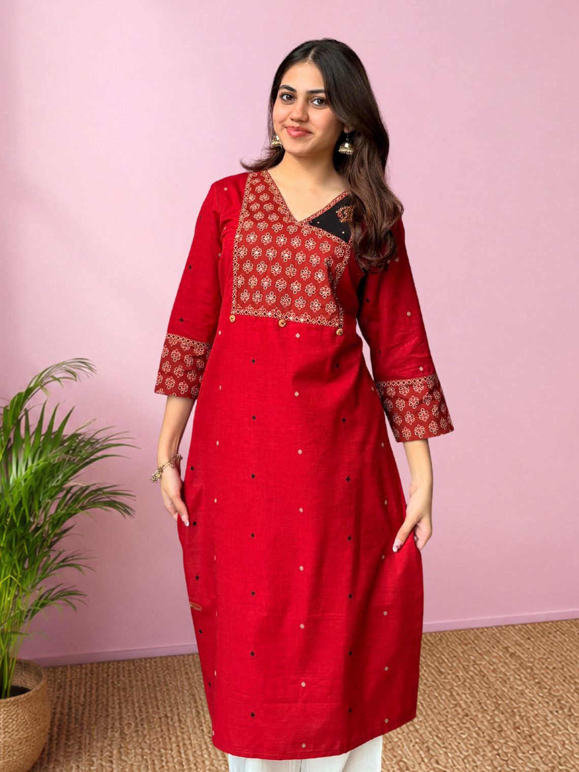 Saanjh Handloom Slub Cotton Straight Kurti with Handwork - Chowkhat Lifestyle