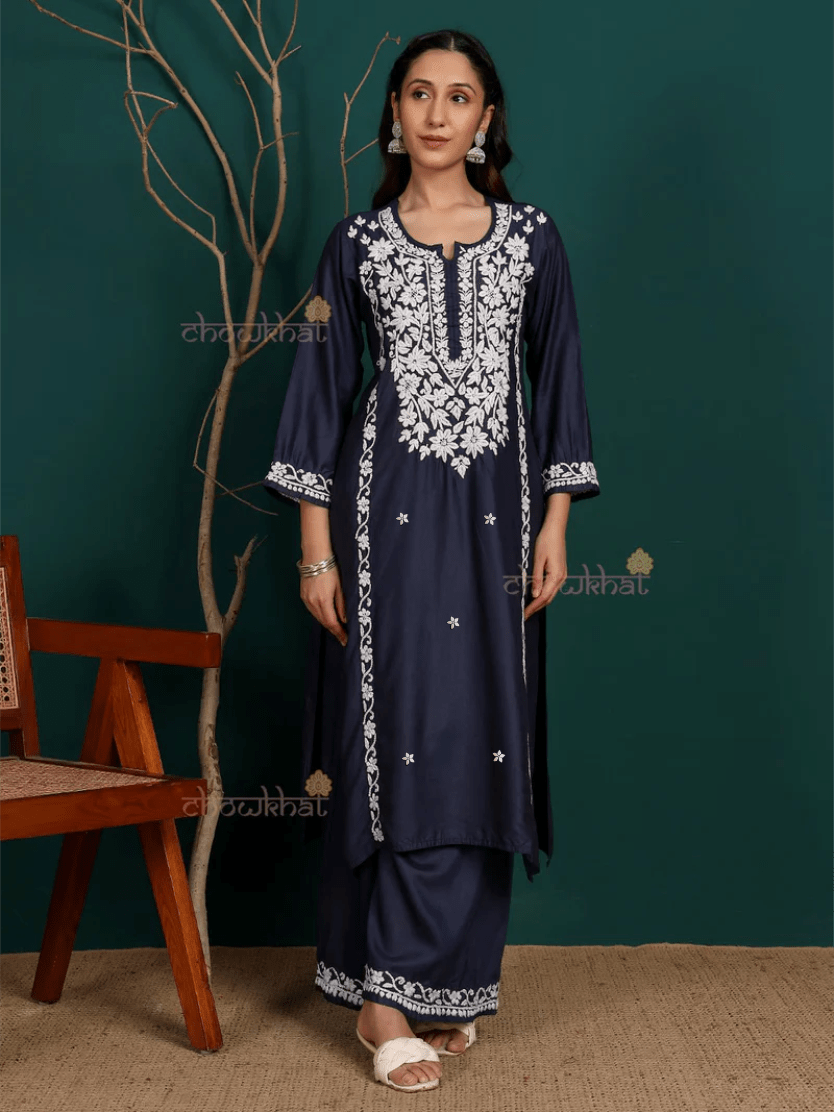 Saad Premium Chanderi Chikankari Kurti & Palazzo Set - Chowkhat Lifestyle