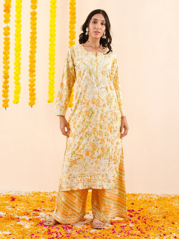 Hoor Rayon Slub Chikankari Kurti & Palazzo Set - Chowkhat Lifestyle