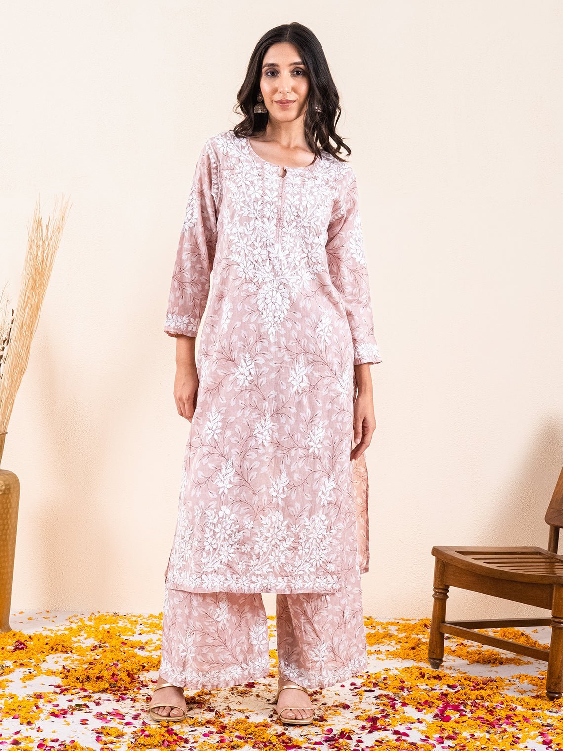 Gulnar Mul Cotton Chikankari Kurti & Palazzo Set - Chowkhat Lifestyle