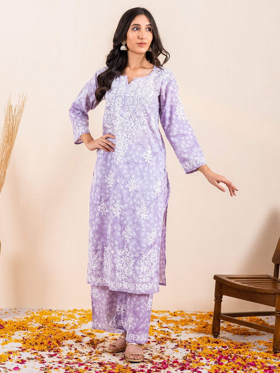 Gulnar Mul Cotton Chikankari Kurti & Palazzo Set - Chowkhat Lifestyle