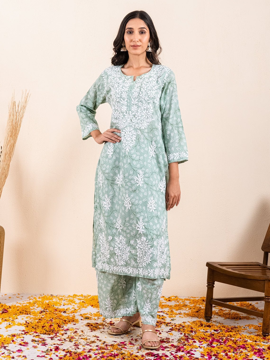 Gulnar Mul Cotton Chikankari Kurti & Palazzo Set - Chowkhat Lifestyle