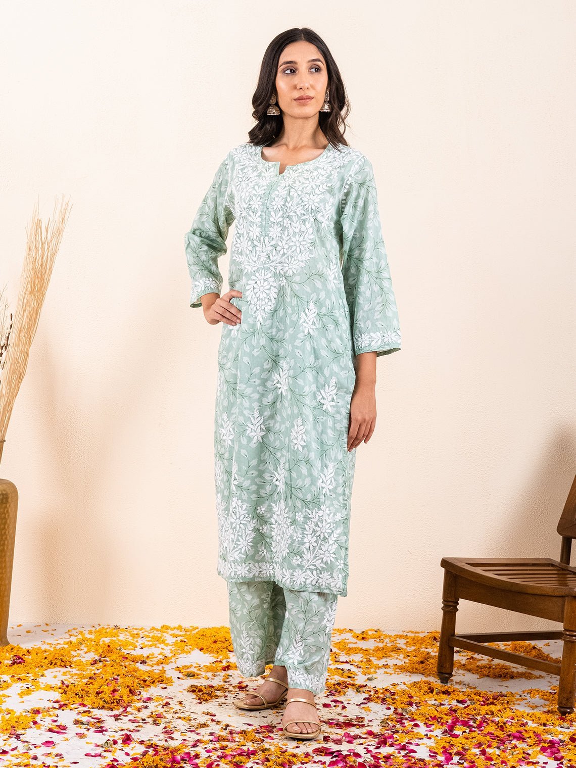 Gulnar Mul Cotton Chikankari Kurti & Palazzo Set - Chowkhat Lifestyle