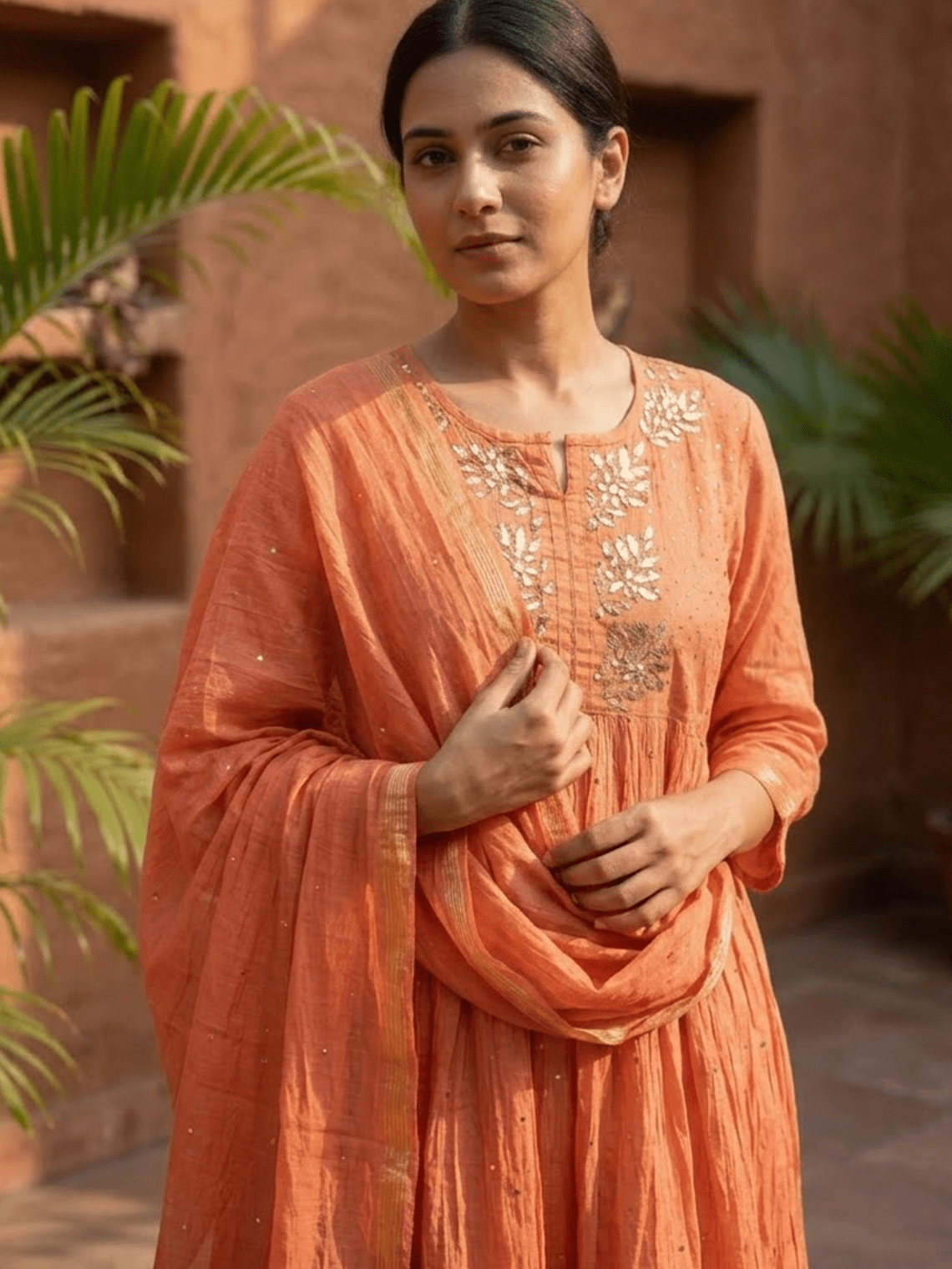 Kanak Mul Chanderi Semi Stitched Suit set with Mukaish Work - Chowkhat Lifestyle